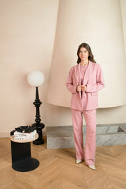 Pink double-breasted pinstripe blazer with 4 buttons and shoulder pads - work outfit, corporate outfit