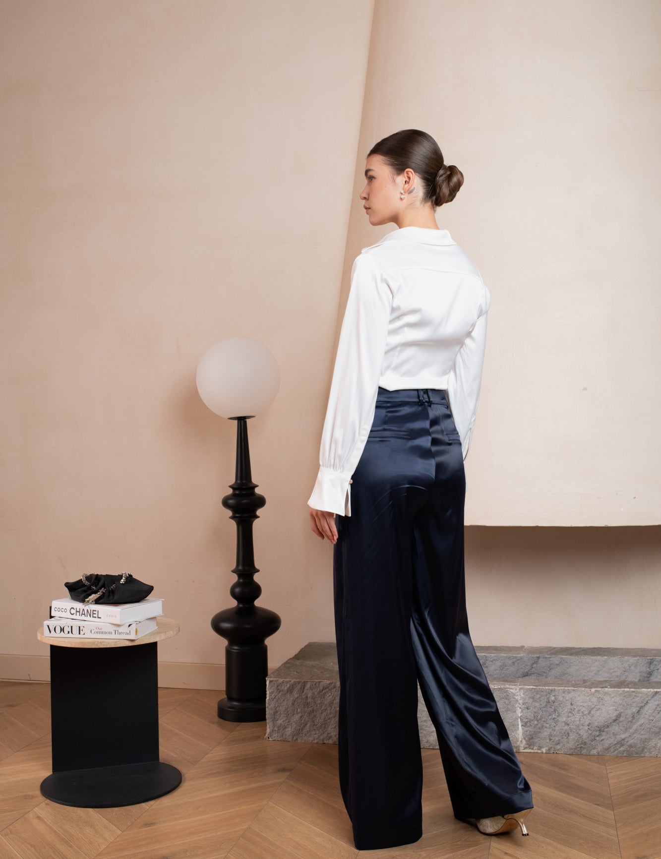 Luxurious satin blouse white with knot detail, non static, with high stretch - back view