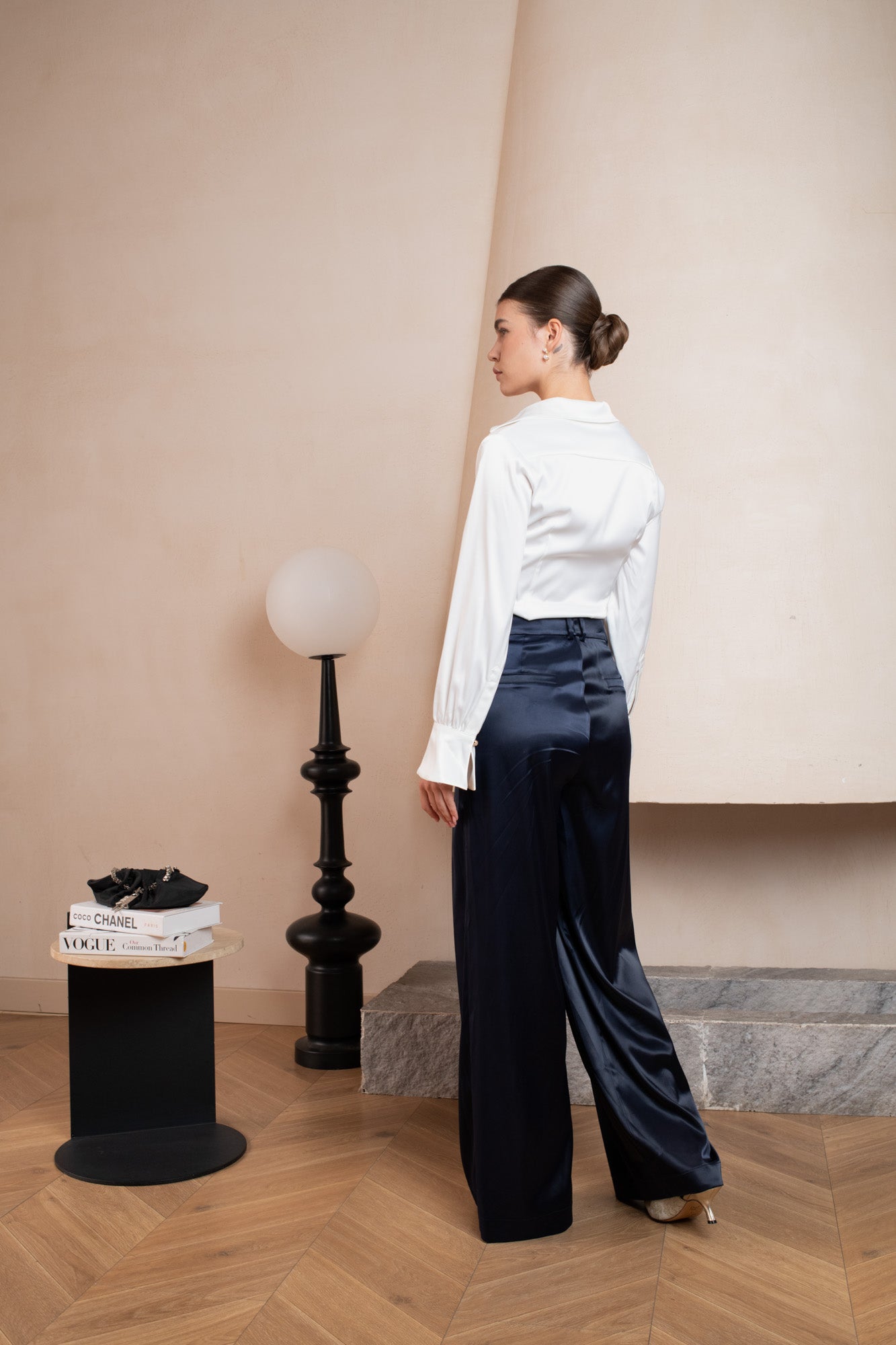 Luxurious satin blouse white with knot detail, non static, with high stretch - back view