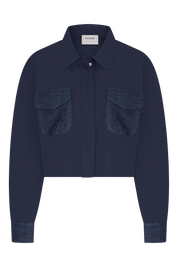 Dark blue / Navy blue sweat jacket punta di roma with textured pockets on a white background