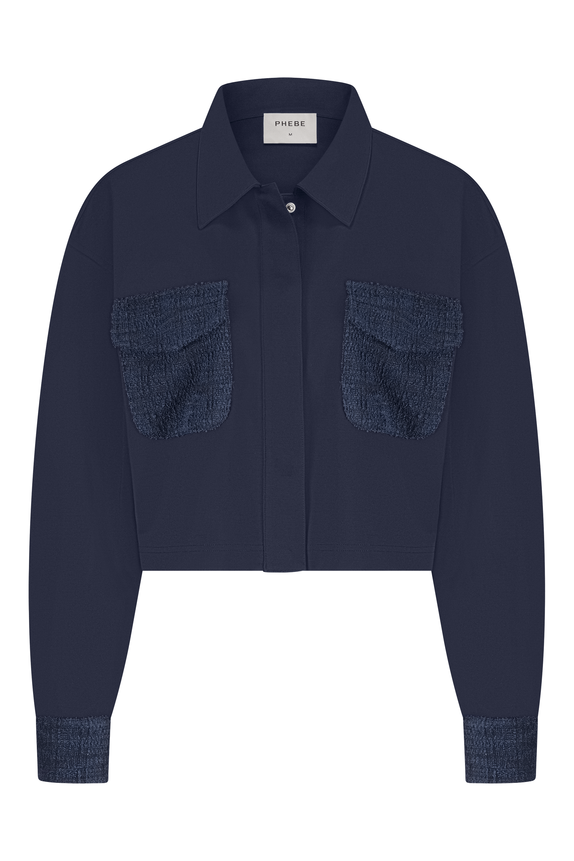 Dark blue / Navy blue sweat jacket punta di roma with textured pockets on a white background