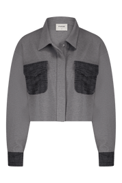 Grey punta di roma jacket with boucle front pockets and cuff - front view