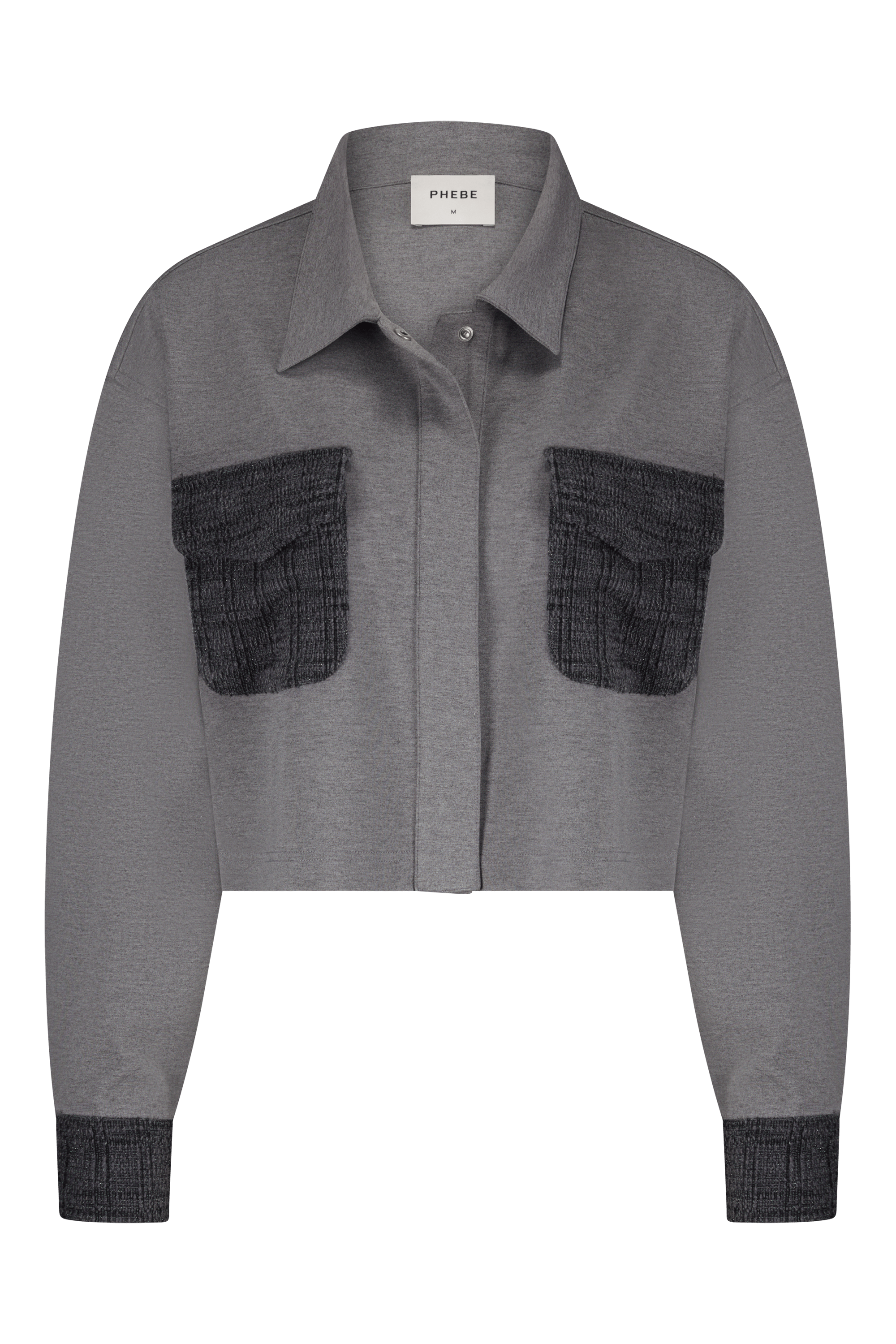 Grey punta di roma jacket with boucle front pockets and cuff - front view