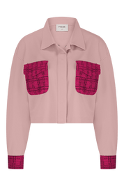 Pink punta di roma jacket with red plaid accents on a white background