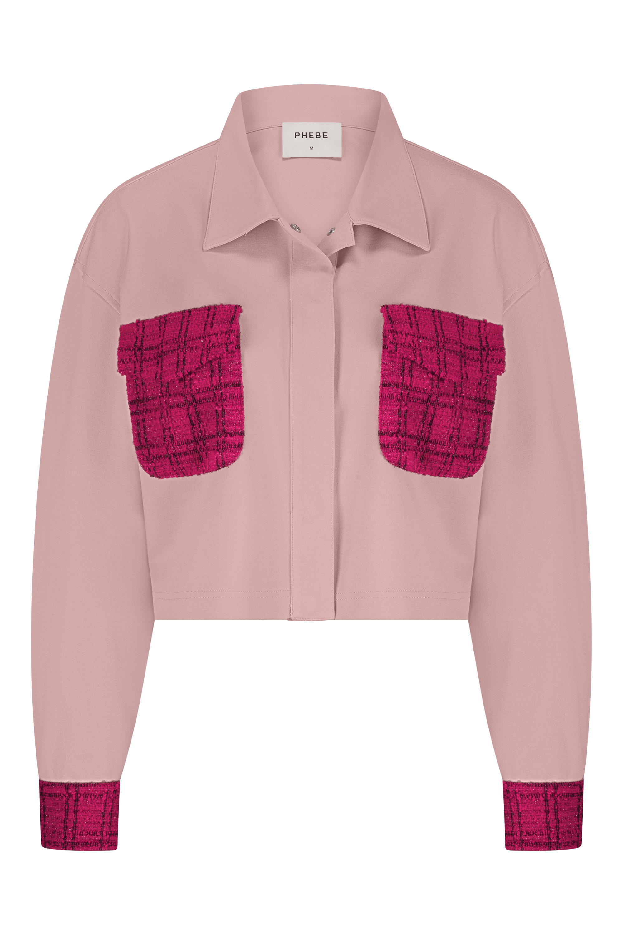 Pink punta di roma jacket with red plaid accents on a white background