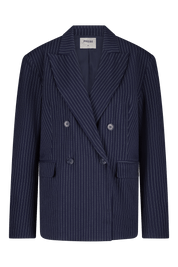Dark blue/Navy double-breasted pinstripe blazer with 4 buttons and shoulder pads - Front view