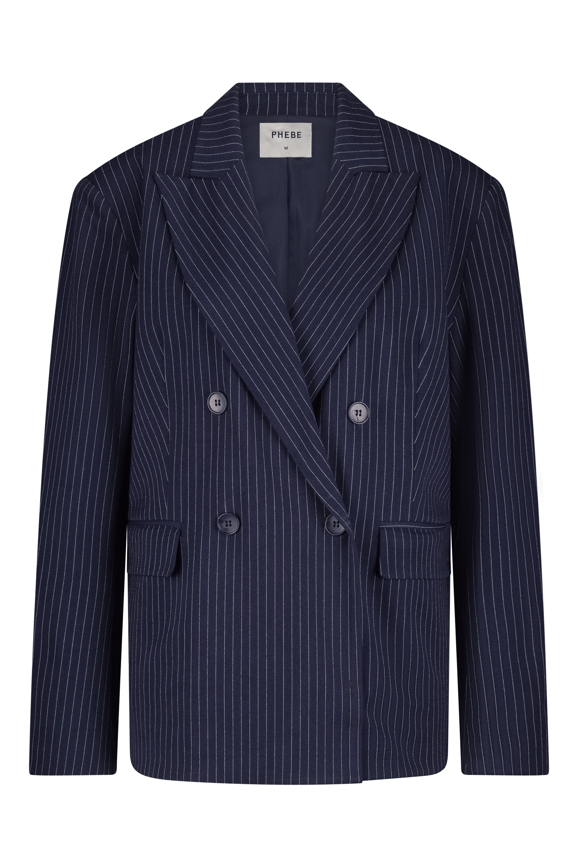 Dark blue/Navy double-breasted pinstripe blazer with 4 buttons and shoulder pads - Front view