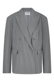 Grey double-breasted pinstripe blazer with 4 buttons and shoulder pads - work outfit, corporate outfit - front view