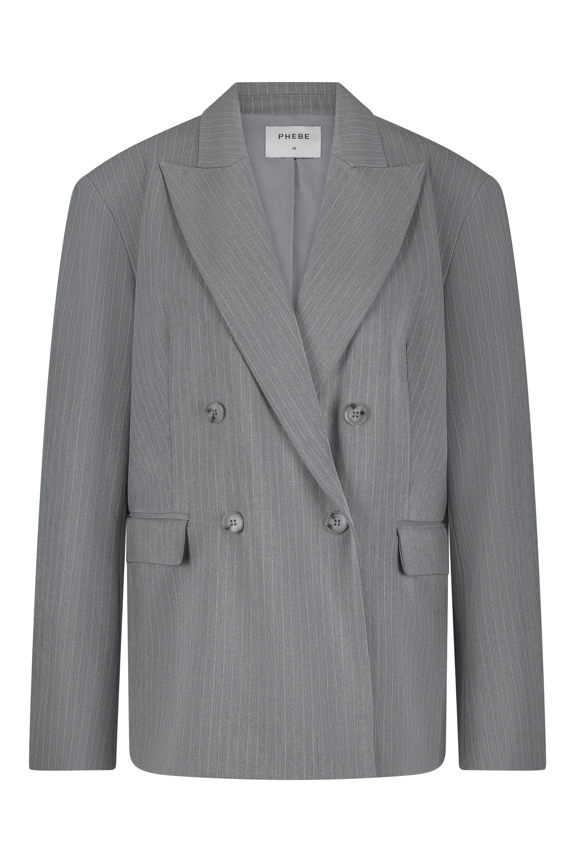 Grey double-breasted pinstripe blazer with 4 buttons and shoulder pads - work outfit, corporate outfit - front view