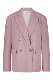 Pink double-breasted pinstripe blazer with 4 buttons and shoulder pads - work outfit, corporate outfit - front view