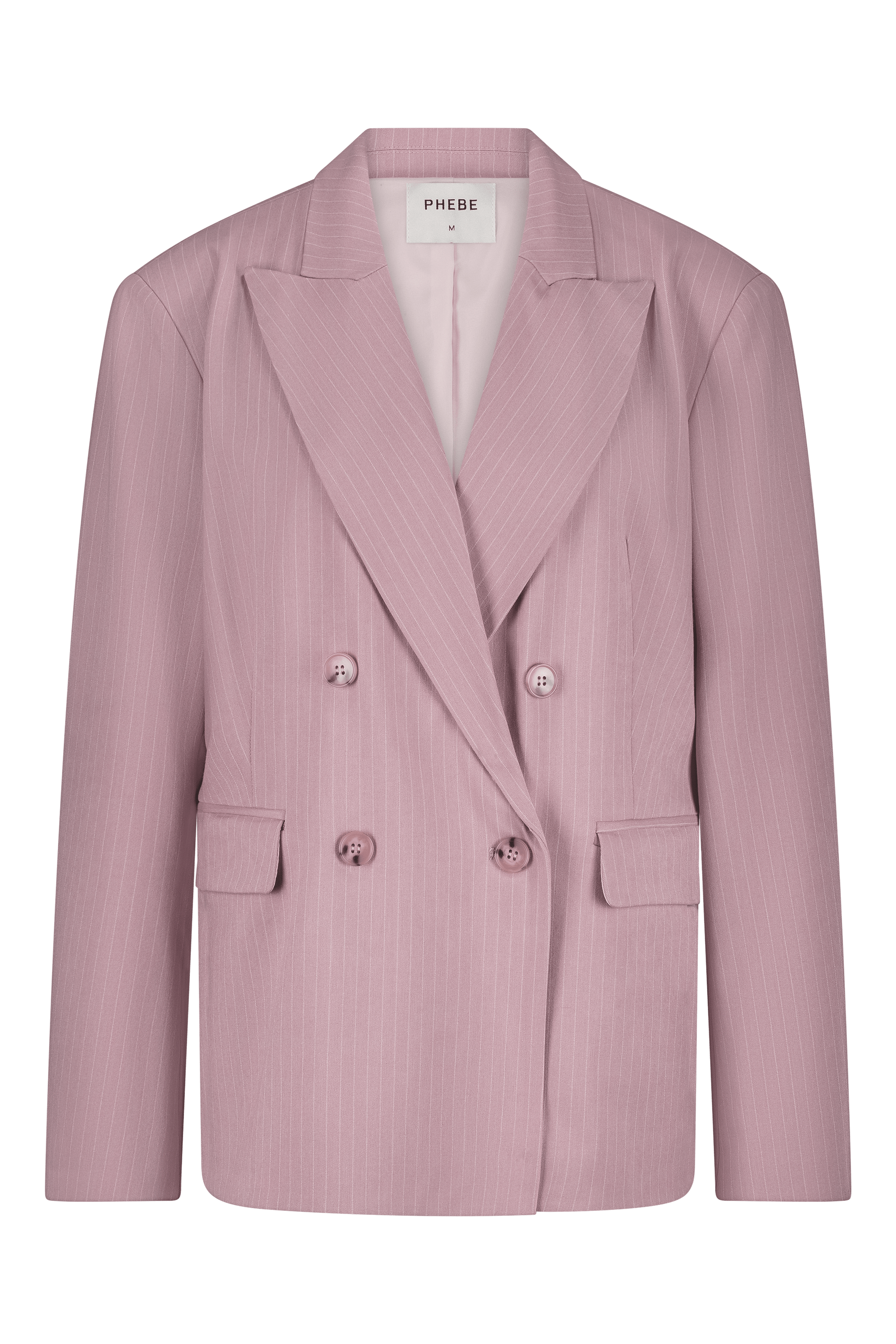 Pink double-breasted pinstripe blazer with 4 buttons and shoulder pads - work outfit, corporate outfit - front view