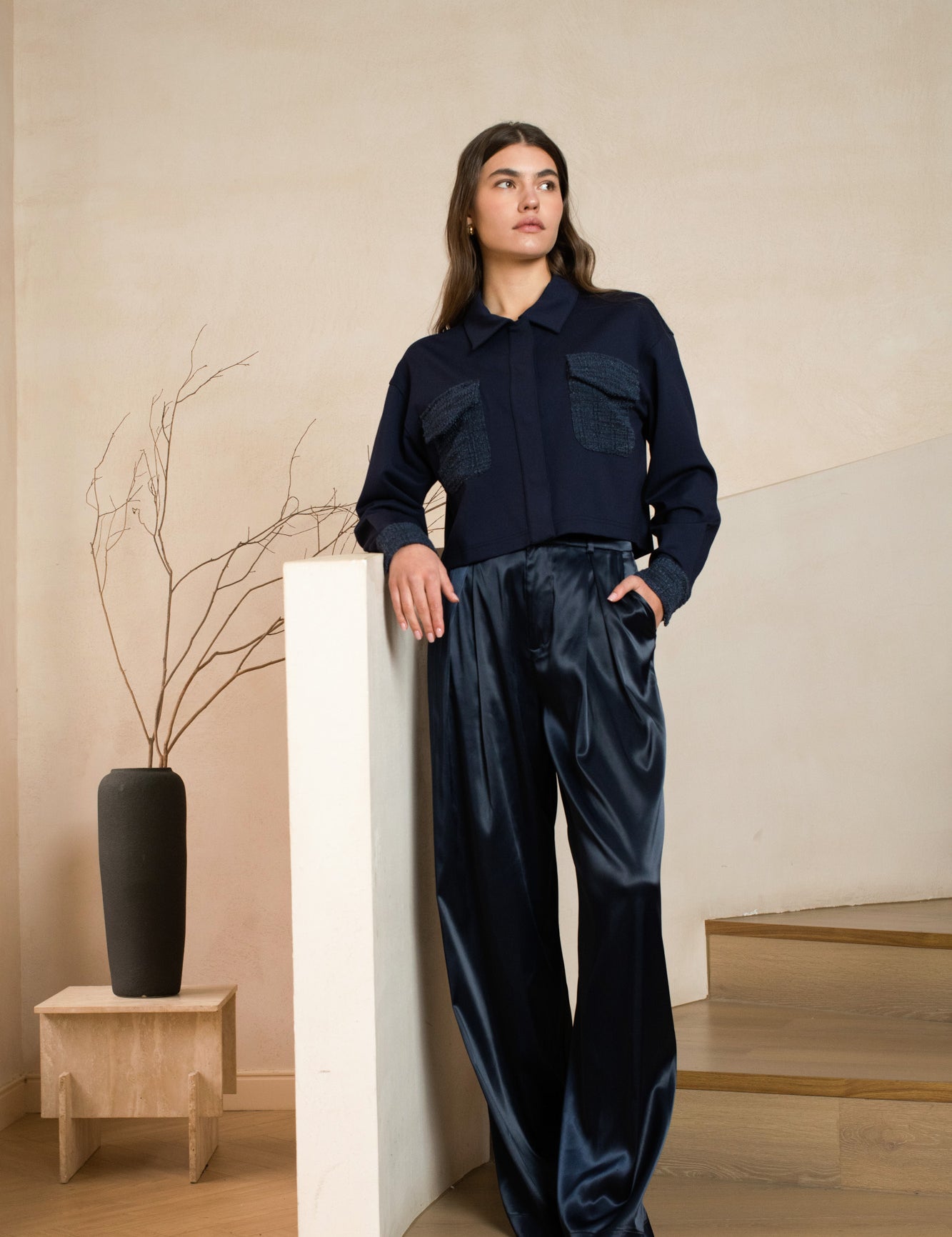 Navy punta di roma jacket with two boucle front pockets and cuffs