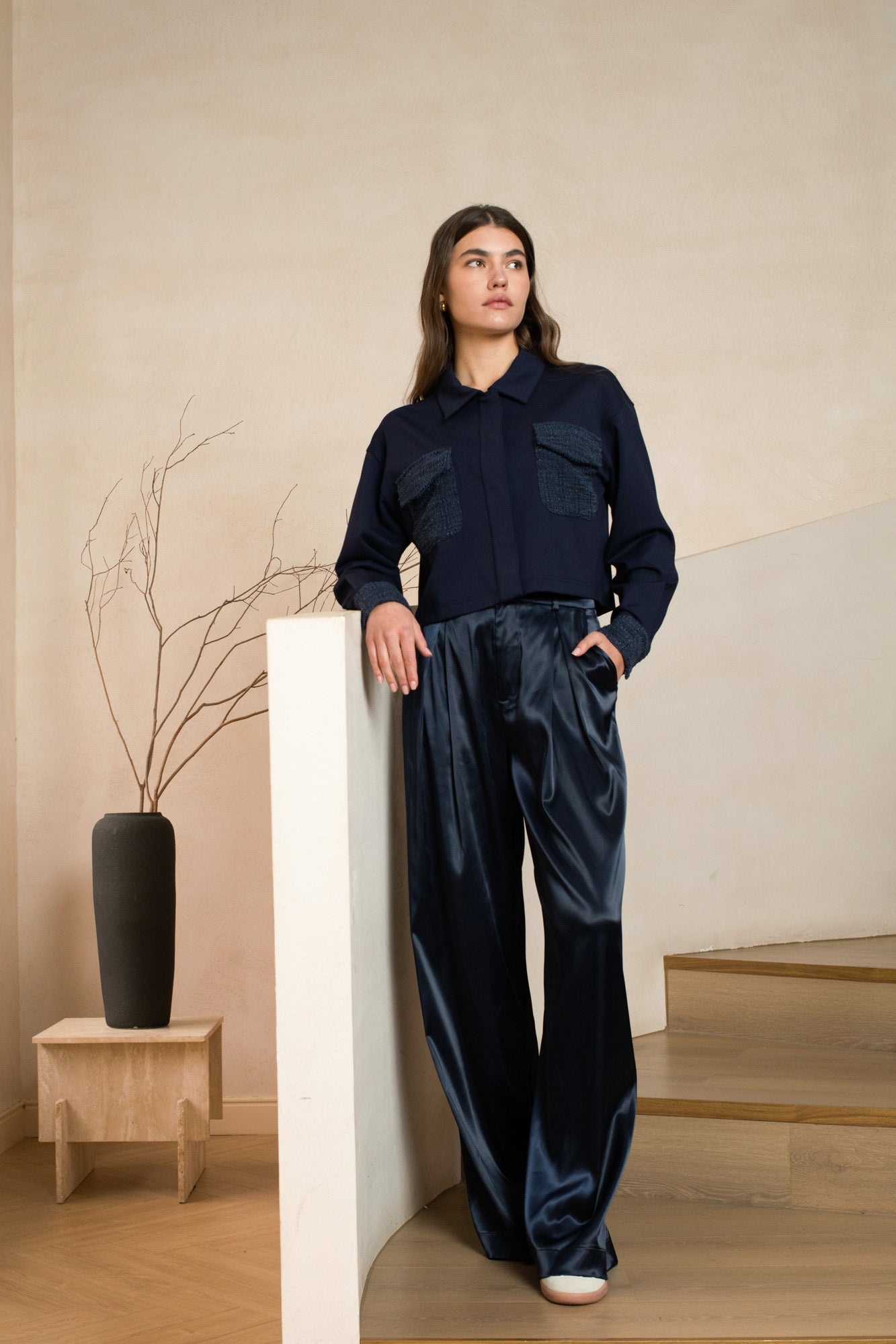 Dark blue/Navy punta di roma jacket with two boucle front pockets and cuffs