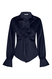 Luxurious satin blouse dark blue/navy with knot detail, non static, with high stretch - front view