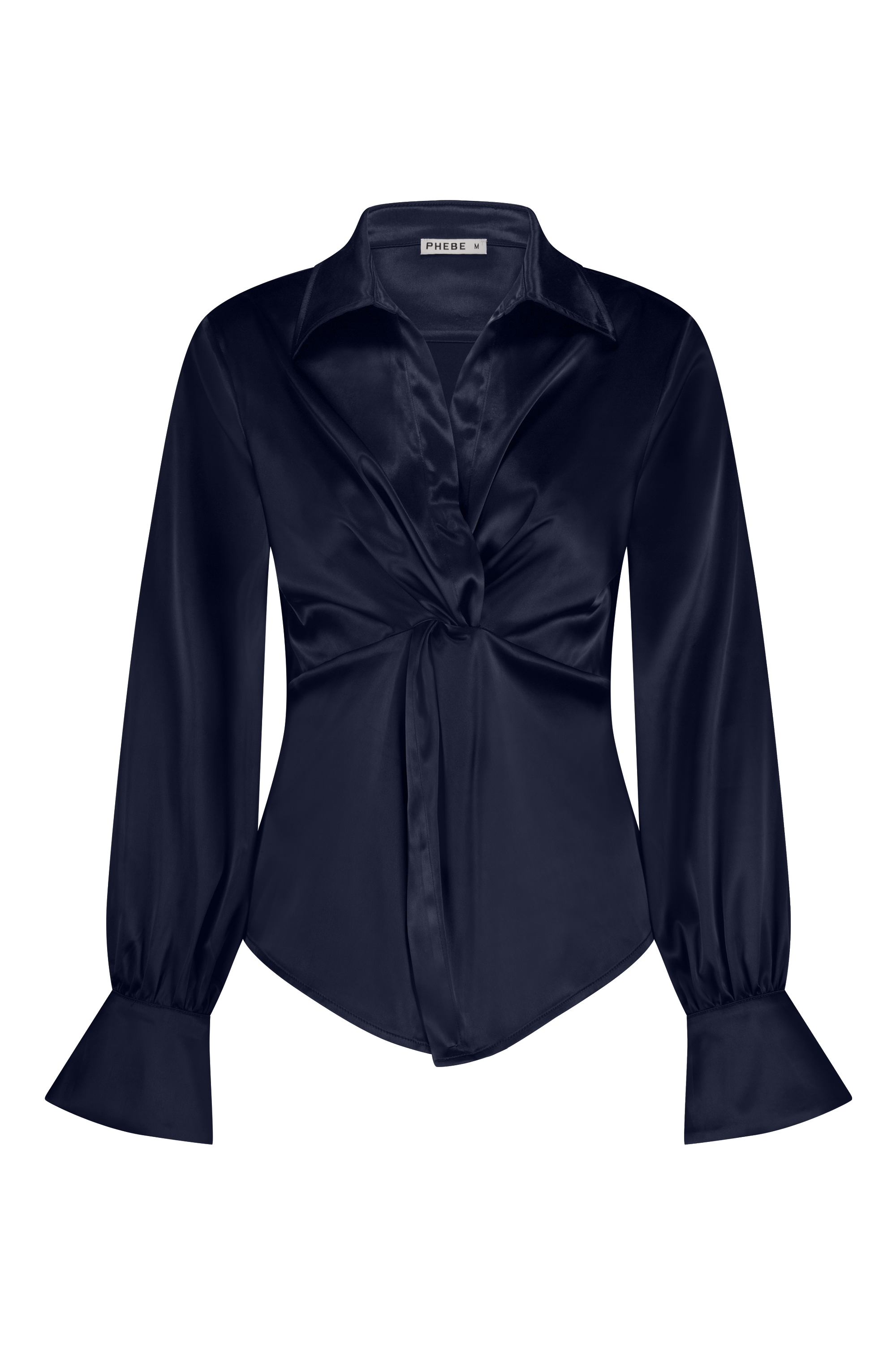 Luxurious satin blouse dark blue/navy with knot detail, non static, with high stretch - front view