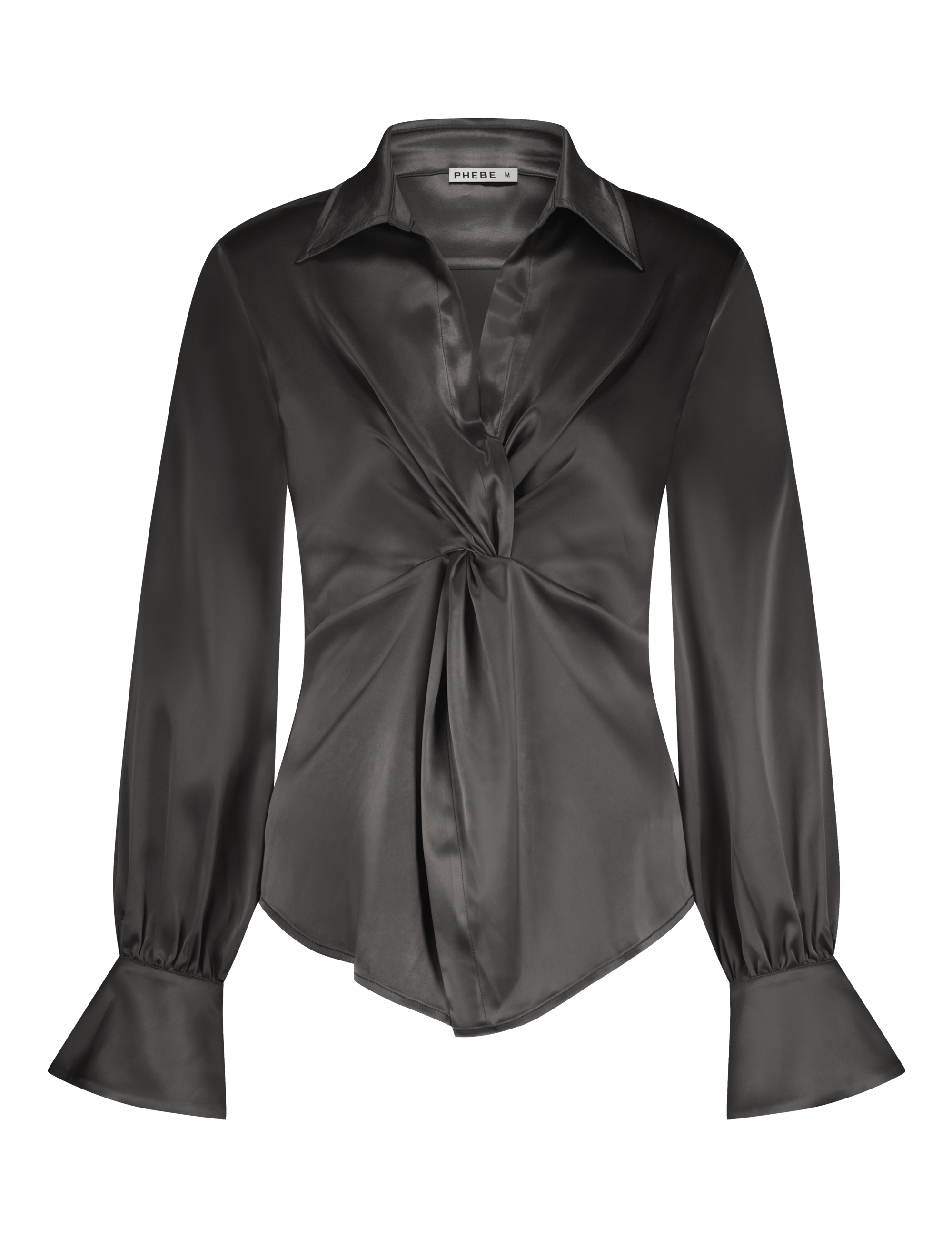Luxurious satin blouse white with knot detail, non static, with high stretch - front view