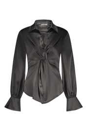 Luxurious satin blouse white with knot detail, non static, with high stretch - front view