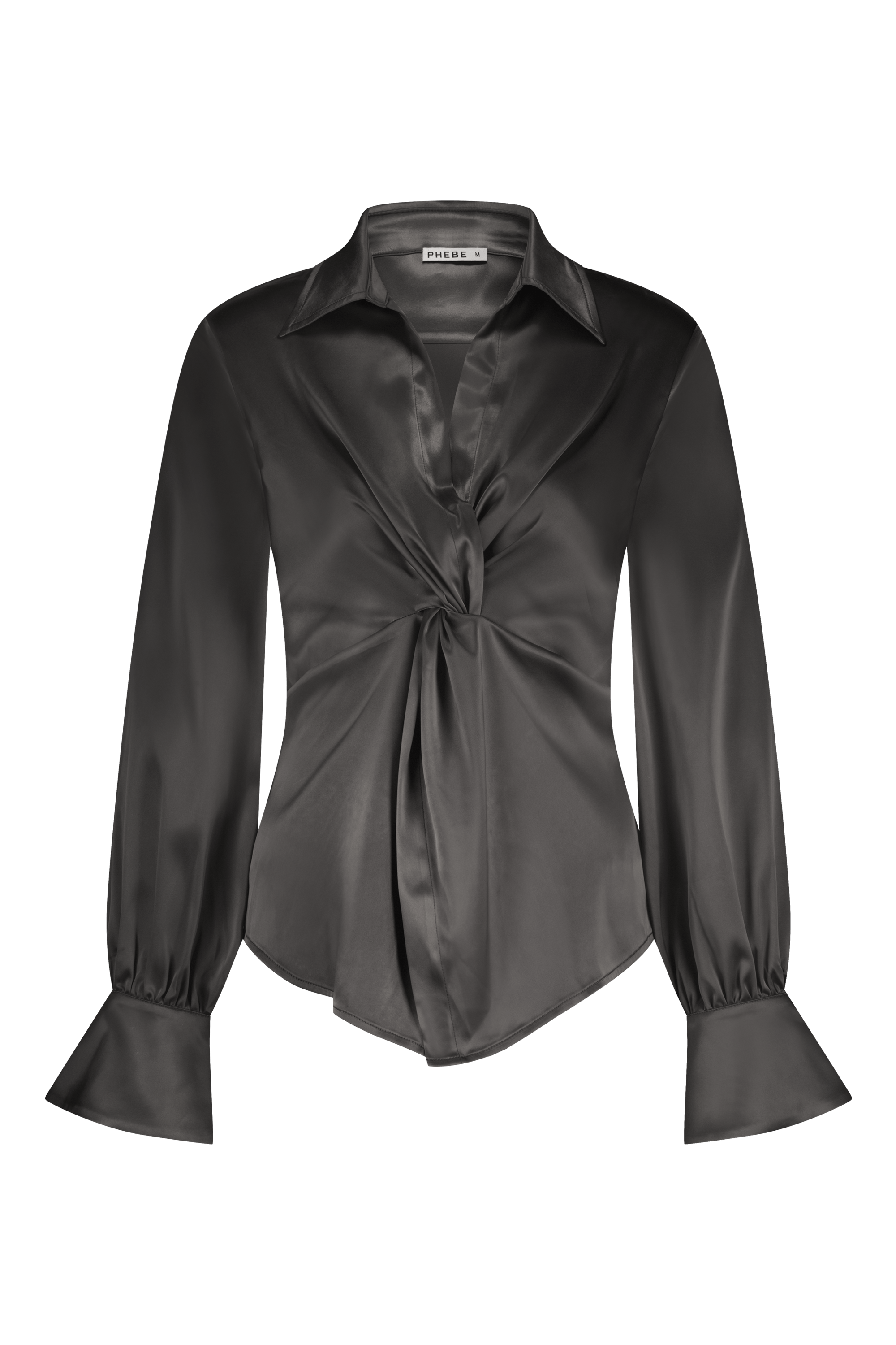 Luxurious satin blouse white with knot detail, non static, with high stretch - front view