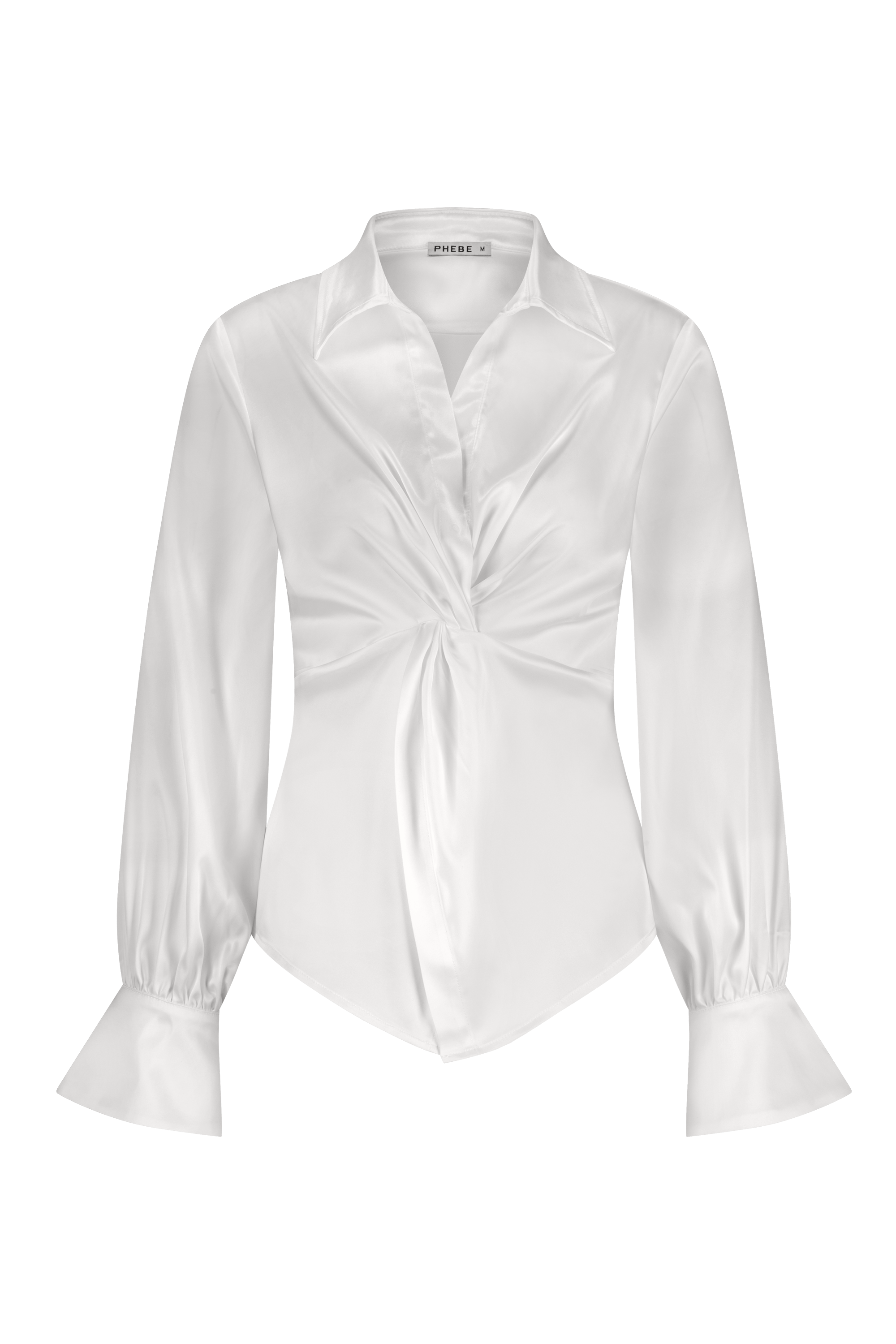 Luxurious satin blouse white with knot detail, non static, with high stretch - front view