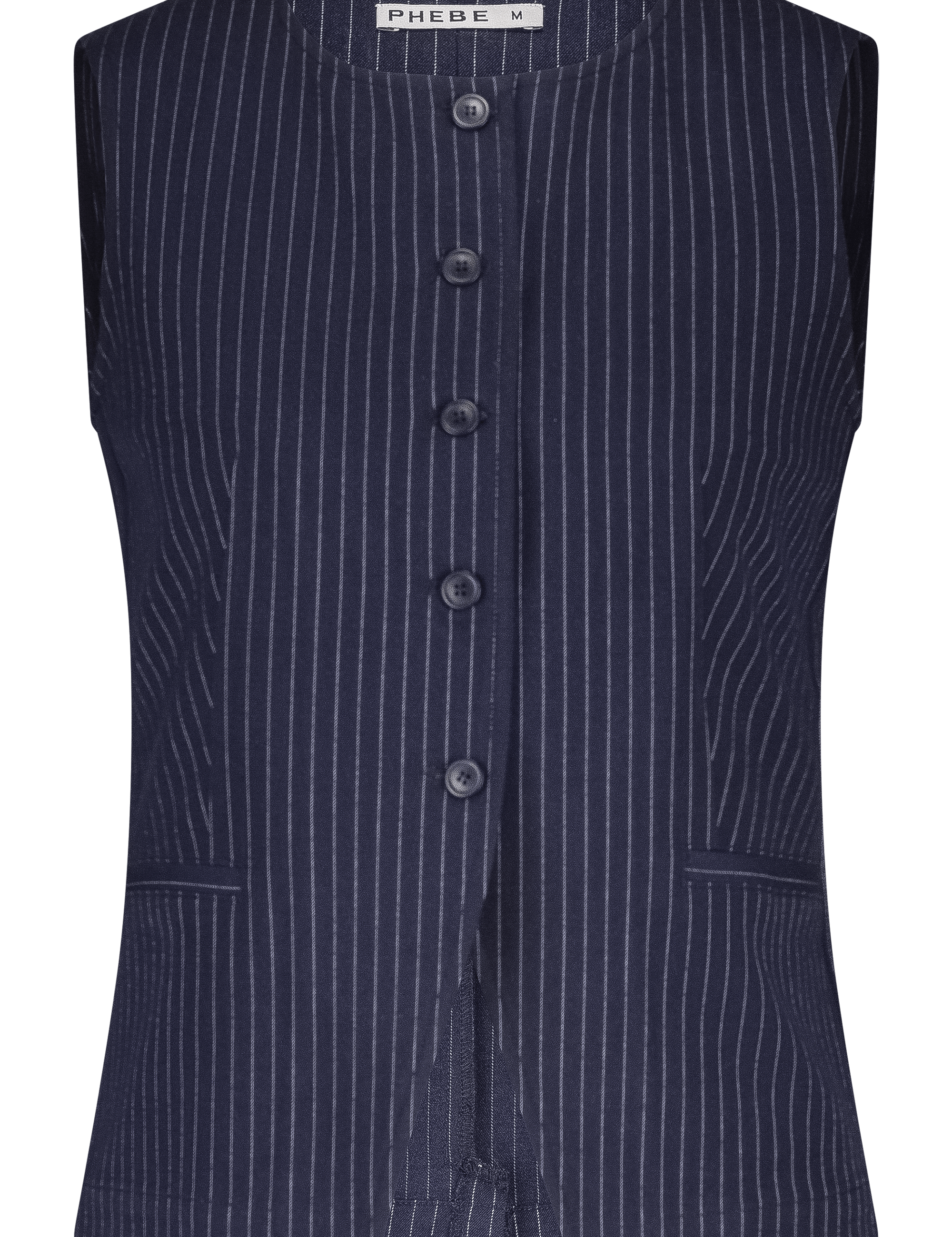 Dark blue fitted PHEBE gilet with pinstripe, buttons and high neck