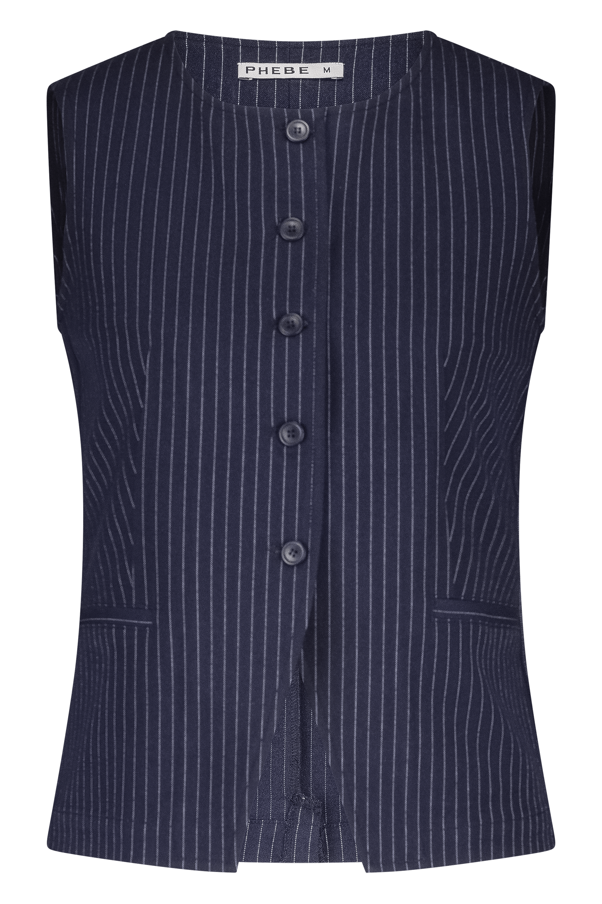 Navy/Dark blue fitted PHEBE gilet with pinstripe, buttons and high neck
