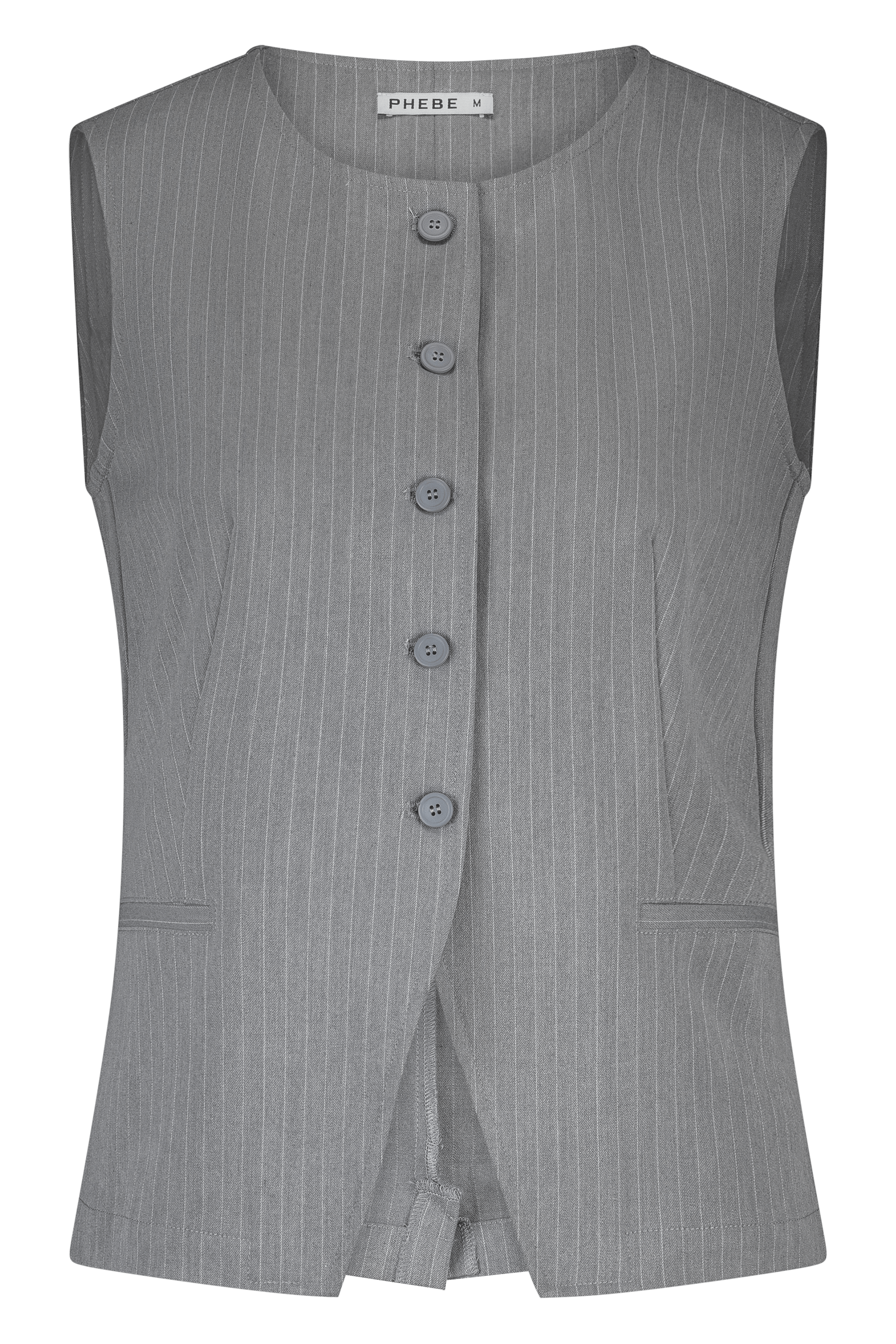 Grey fitted PHEBE gilet with pinstripe, buttons and high neck