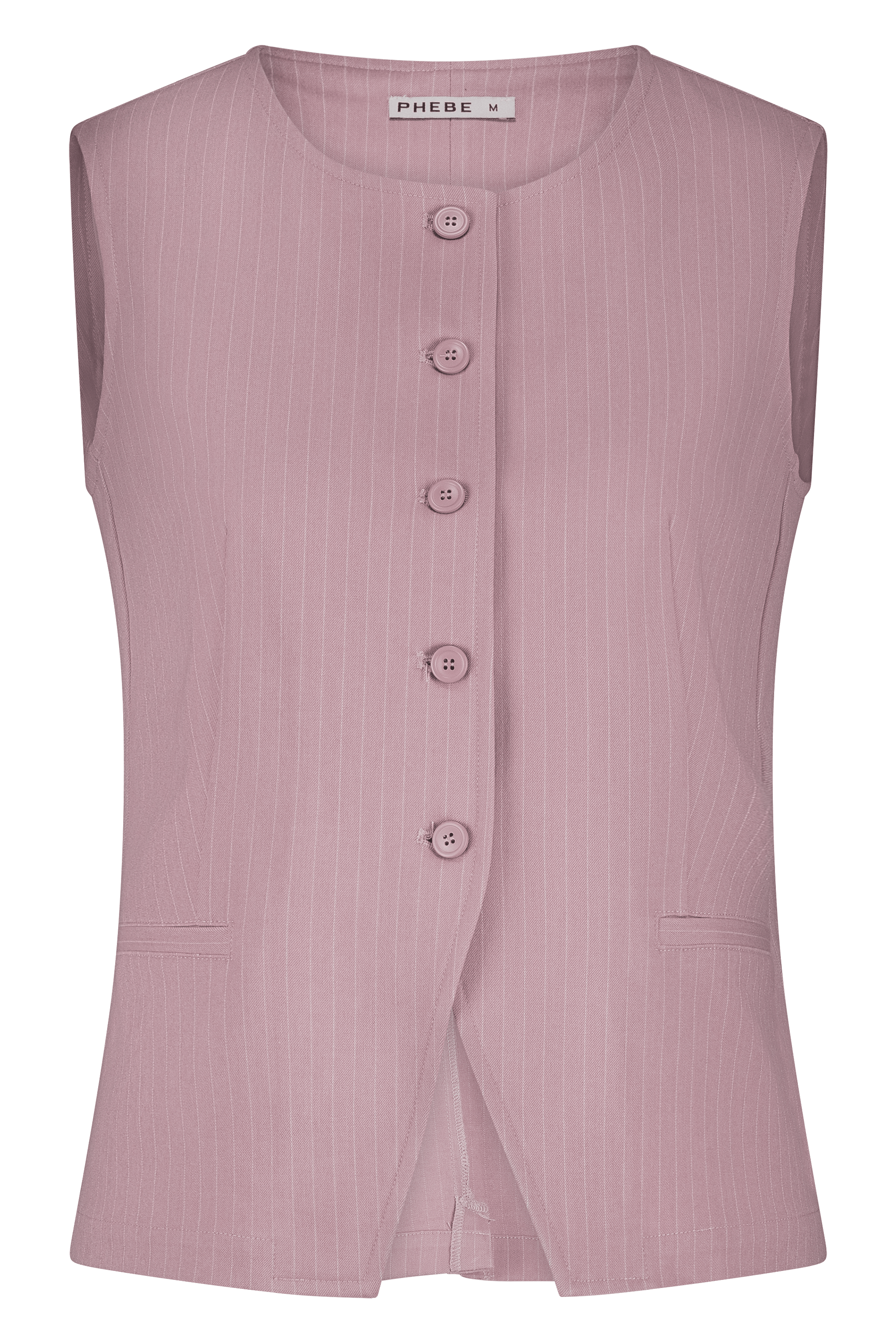 Fitted PHEBE gilet with pinstripe in pink and high neck - front view