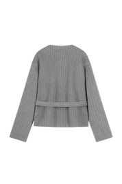 Tailored grey jacket with tie belt - back view