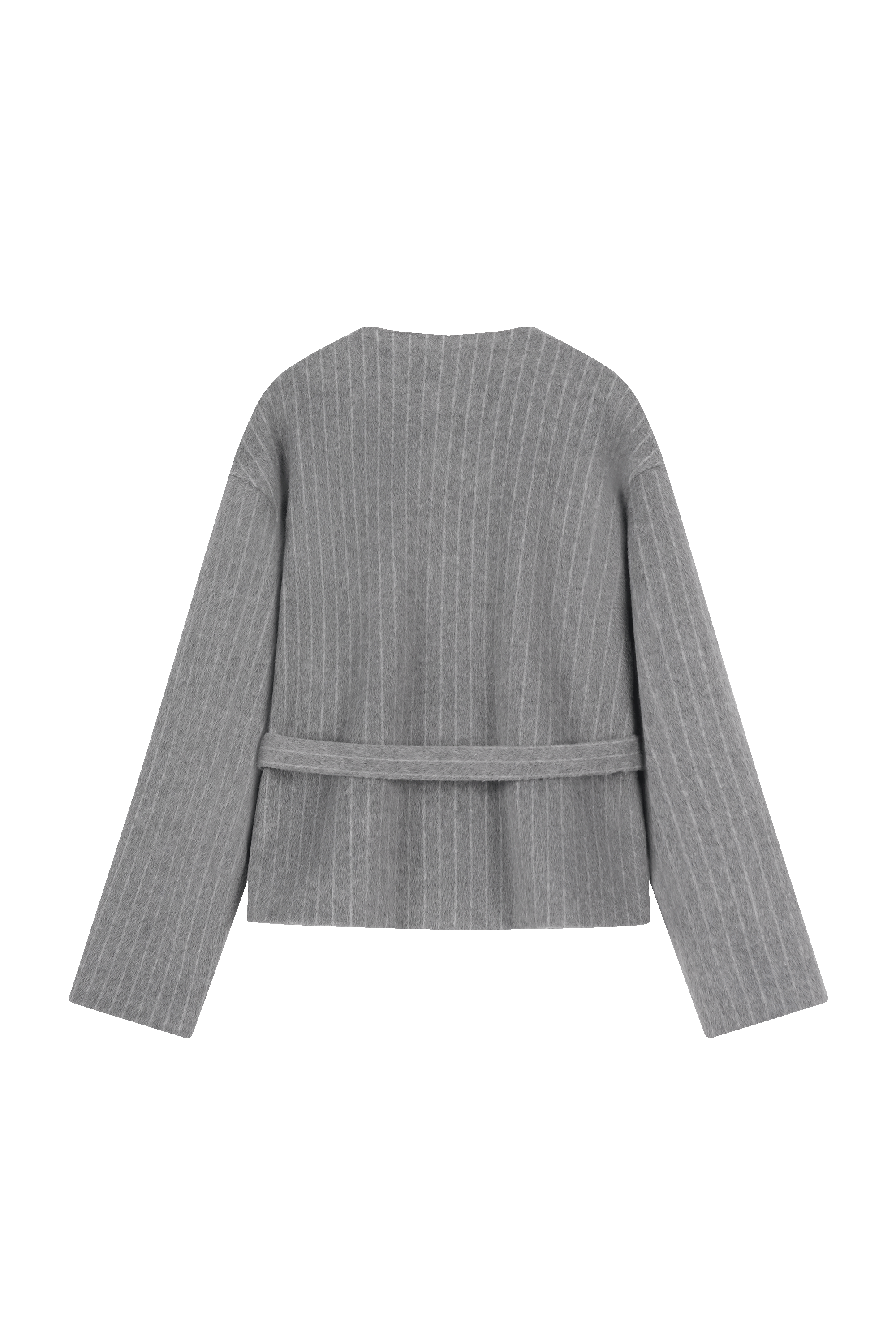 Tailored grey jacket with tie belt - back view