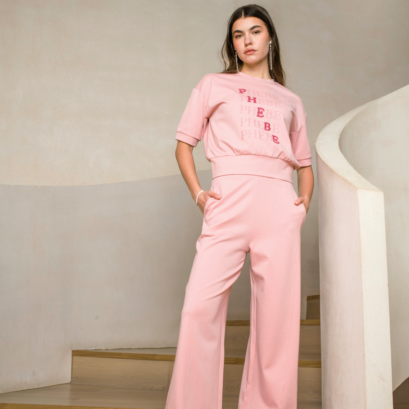 Wide-leg sweatpants in pink punta di roma, PHEBE