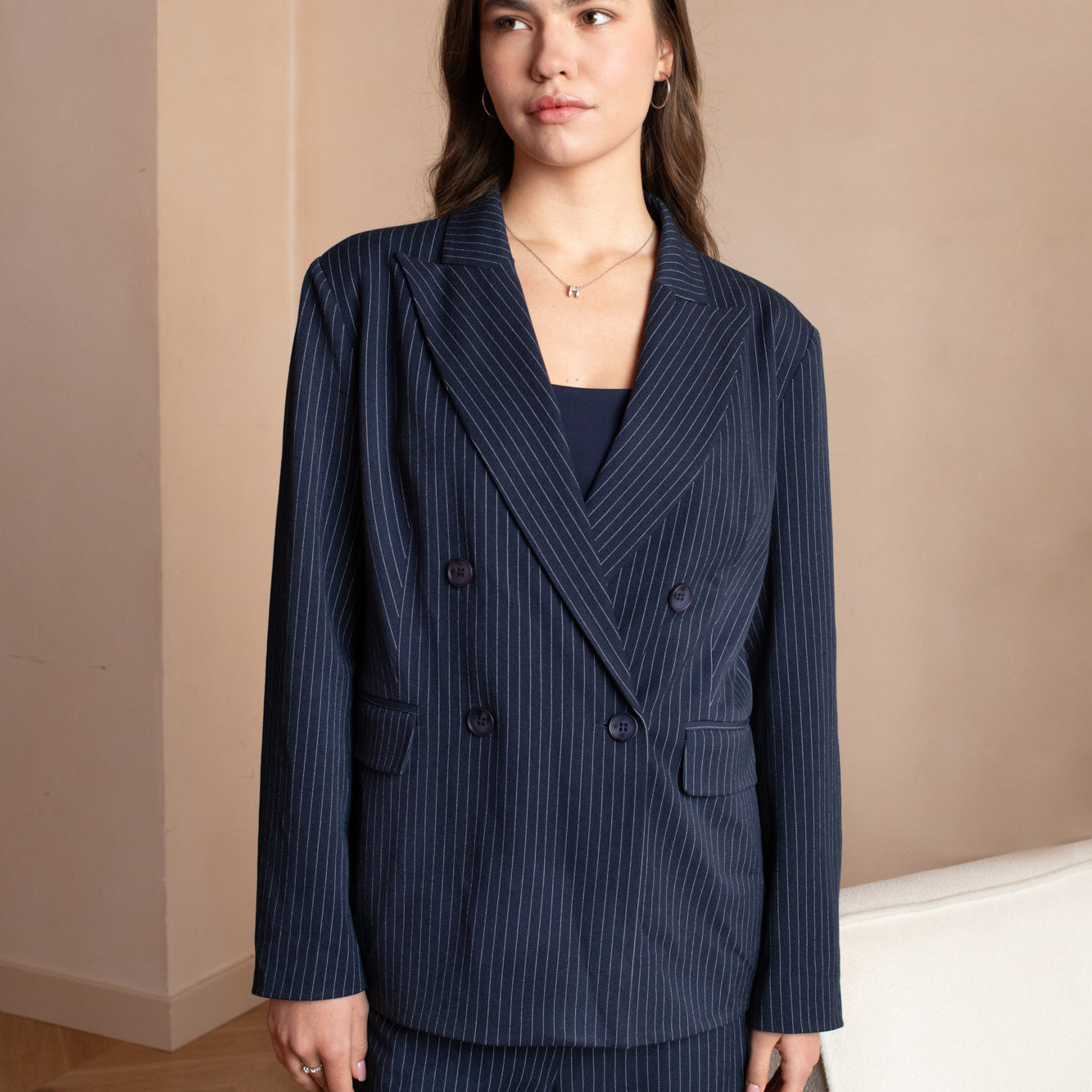 Double-breasted pinstripe blazer with 4 buttons and shoulder pads - work outfit, corporate outfit