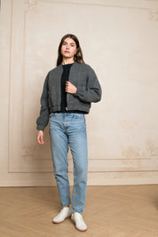 Grey bomber jacket with open zipper in slight glitter boucle fabric with side pockets 
