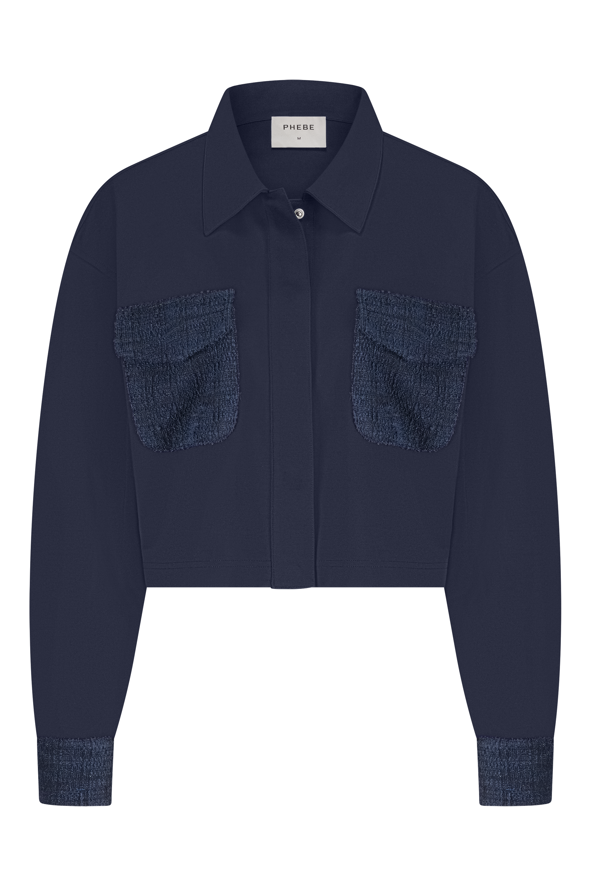 Dark blue / Navy blue sweat jacket punta di roma with textured pockets on a white background