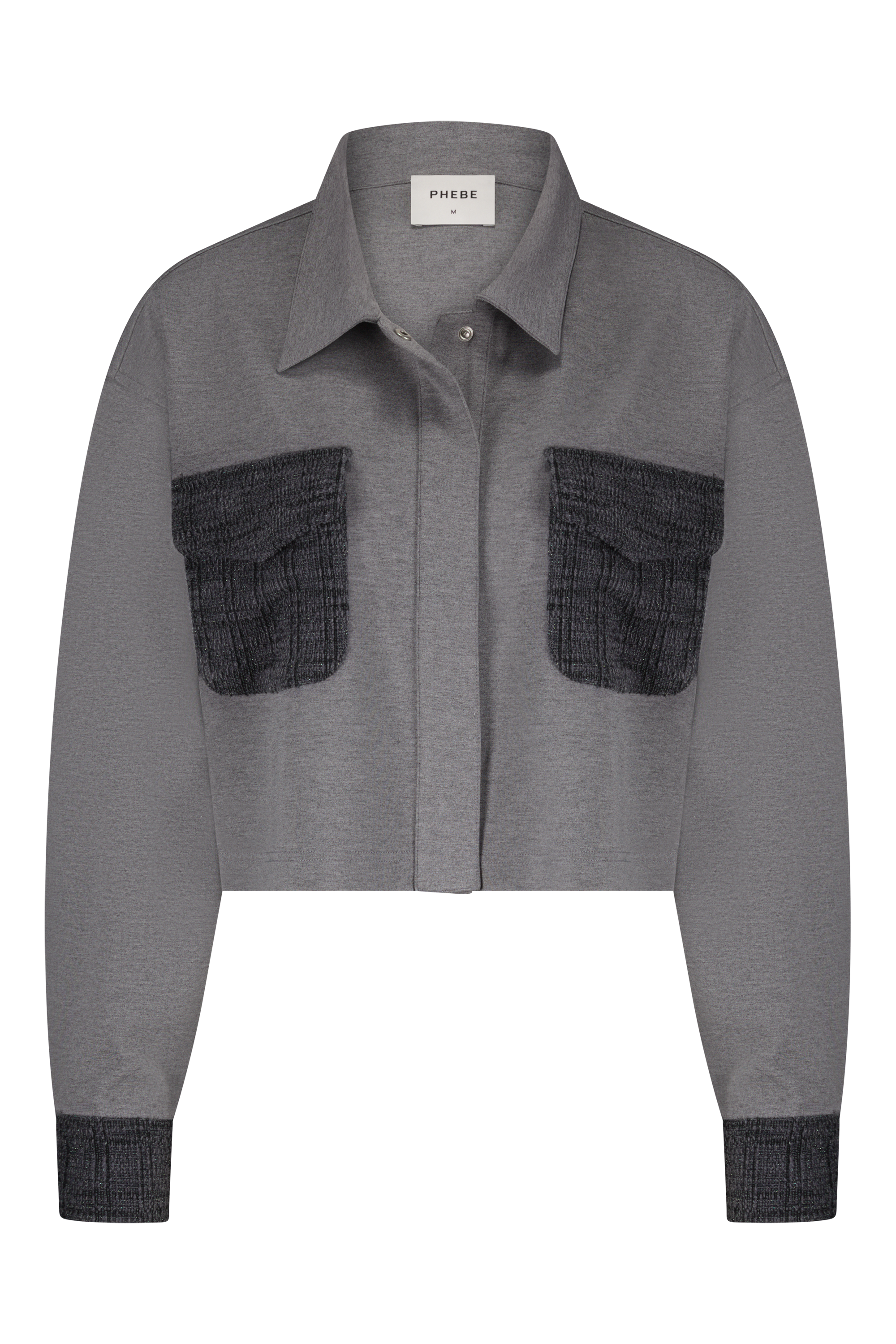 Grey punta di roma jacket with boucle front pockets and cuff - front view