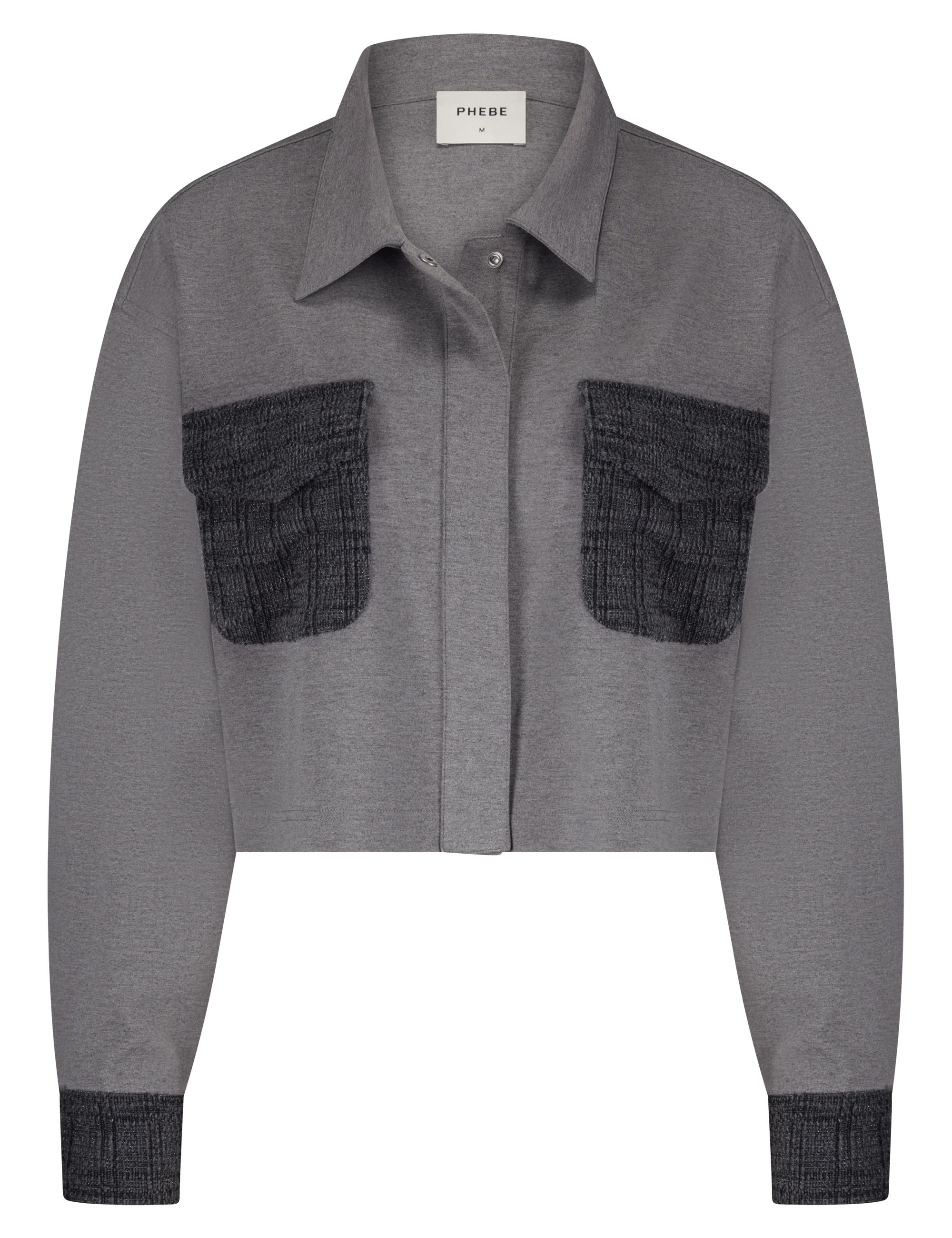 Grey punta di roma jacket with boucle front pockets and cuff - front view