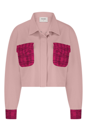 Pink punta di roma jacket with red plaid accents on a white background