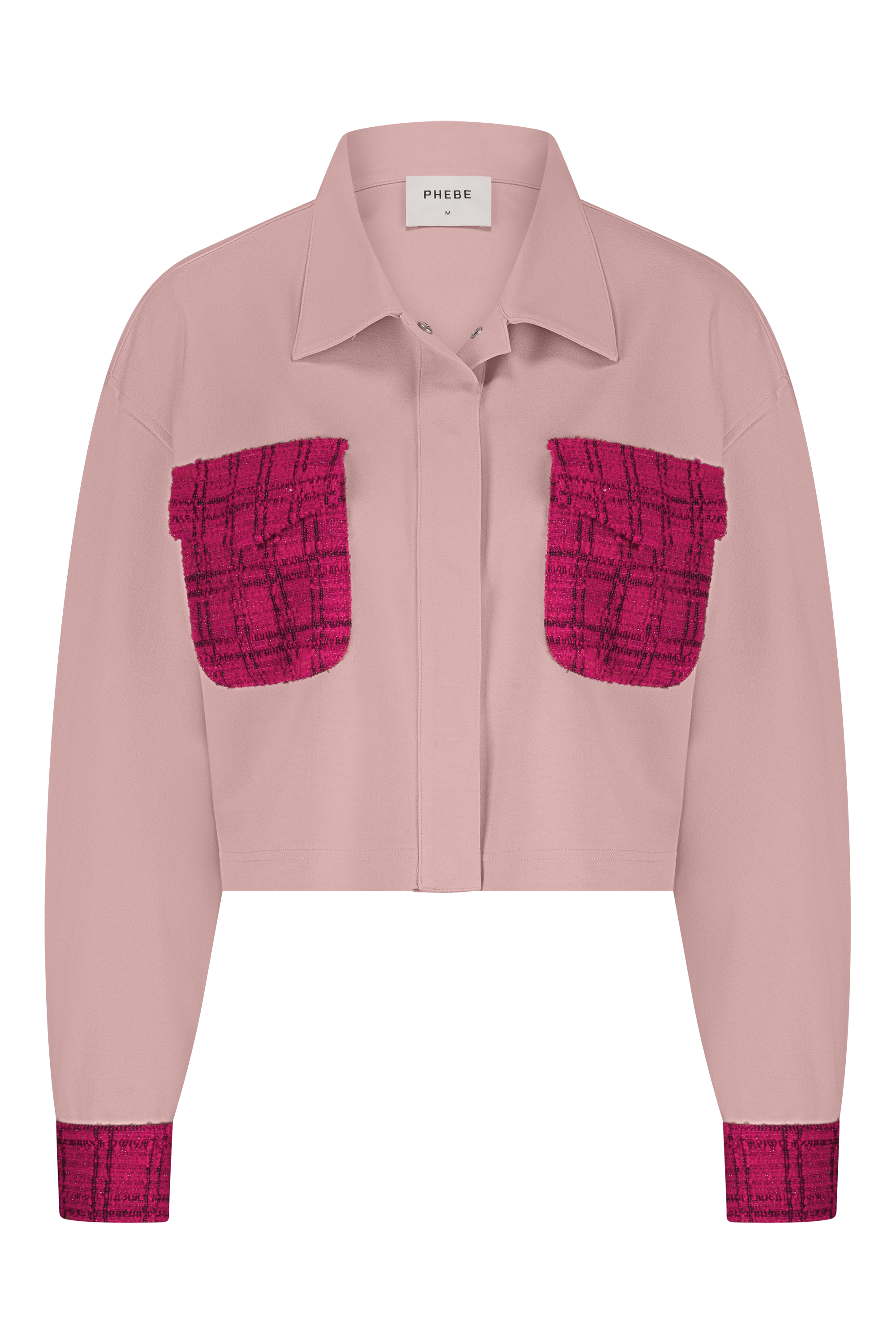 Pink punta di roma jacket with red plaid accents on a white background