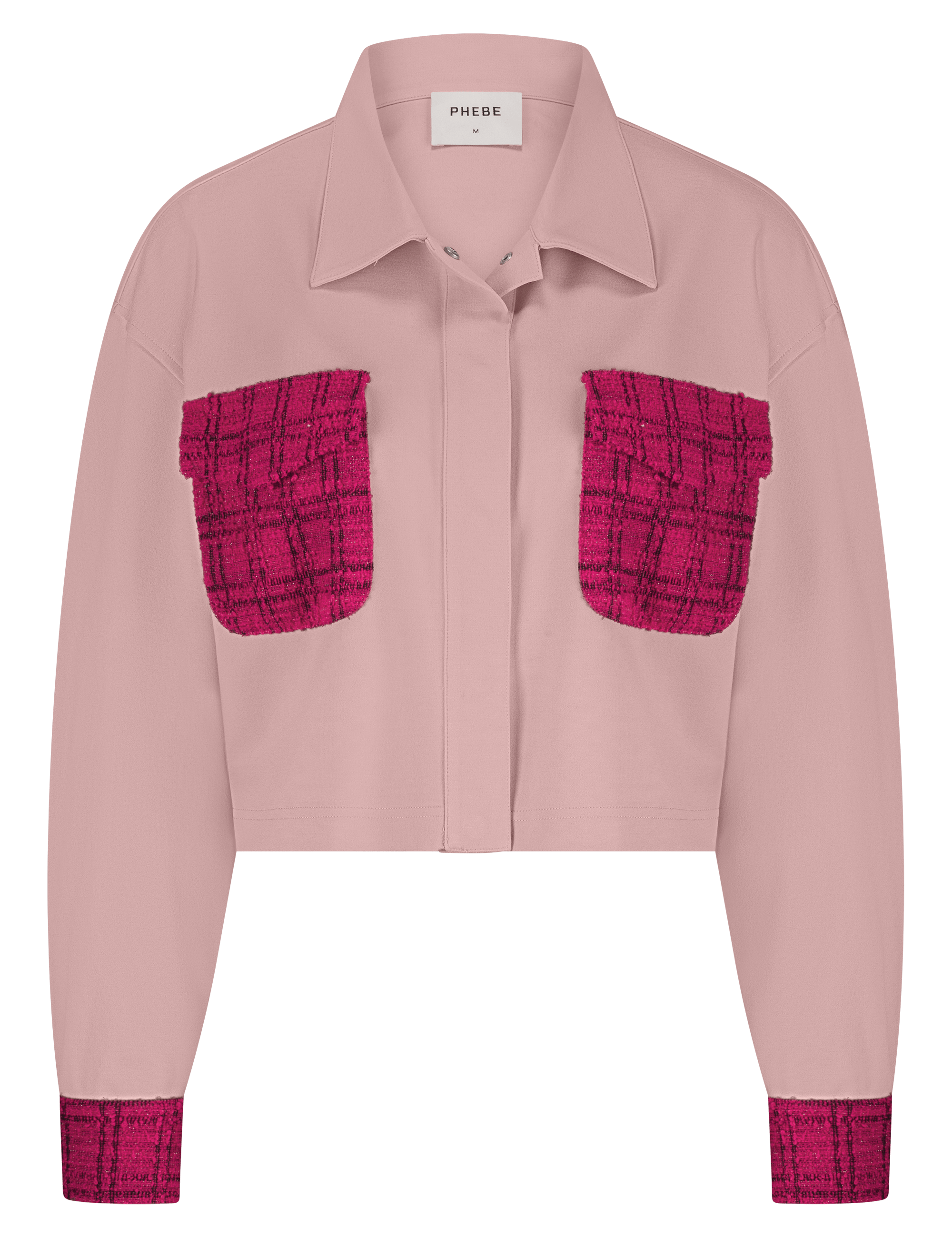 Pink punta di roma jacket with red plaid accents on a white background