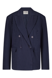 Dark blue/Navy double-breasted pinstripe blazer with 4 buttons and shoulder pads - Front view