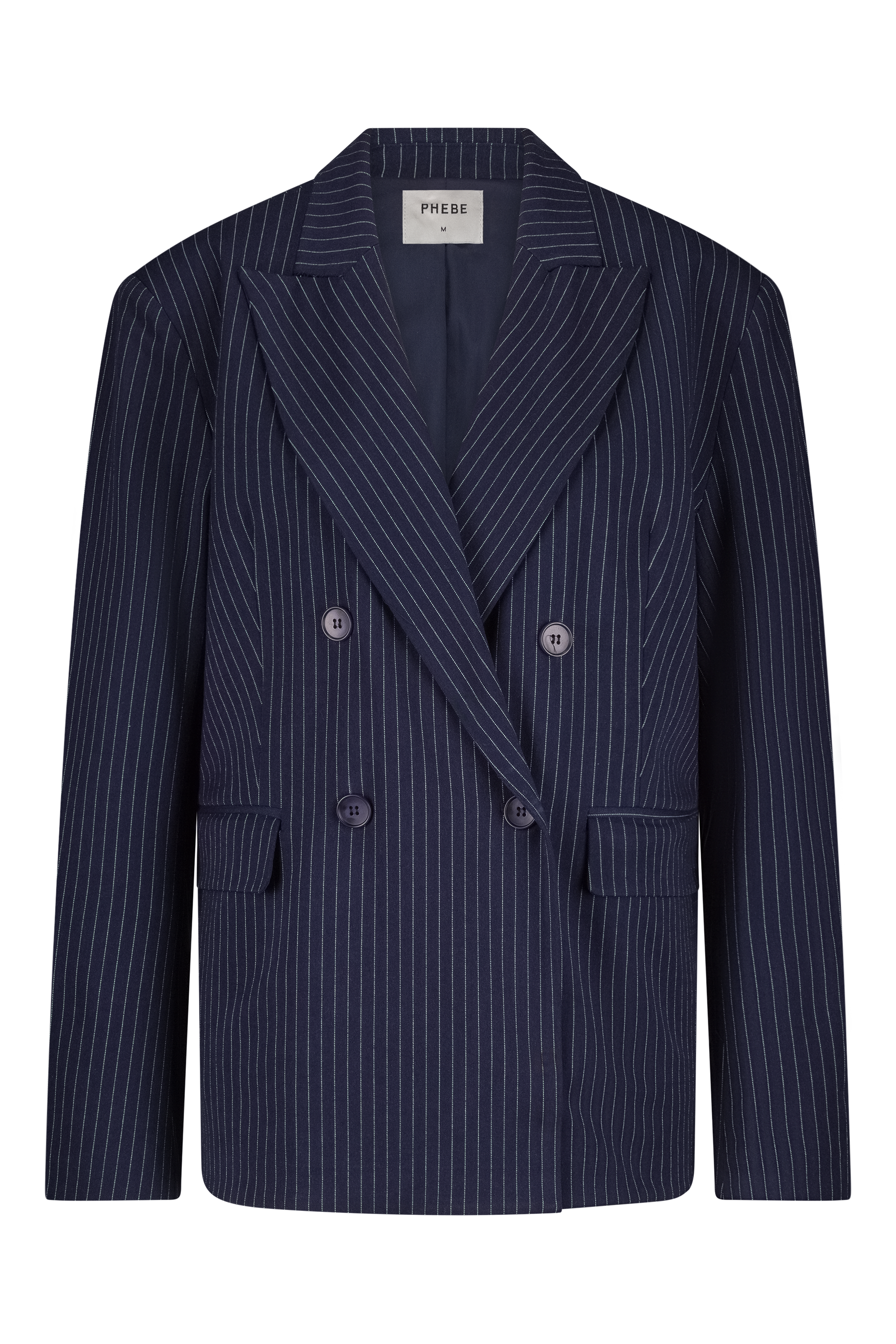Dark blue/Navy double-breasted pinstripe blazer with 4 buttons and shoulder pads - Front view