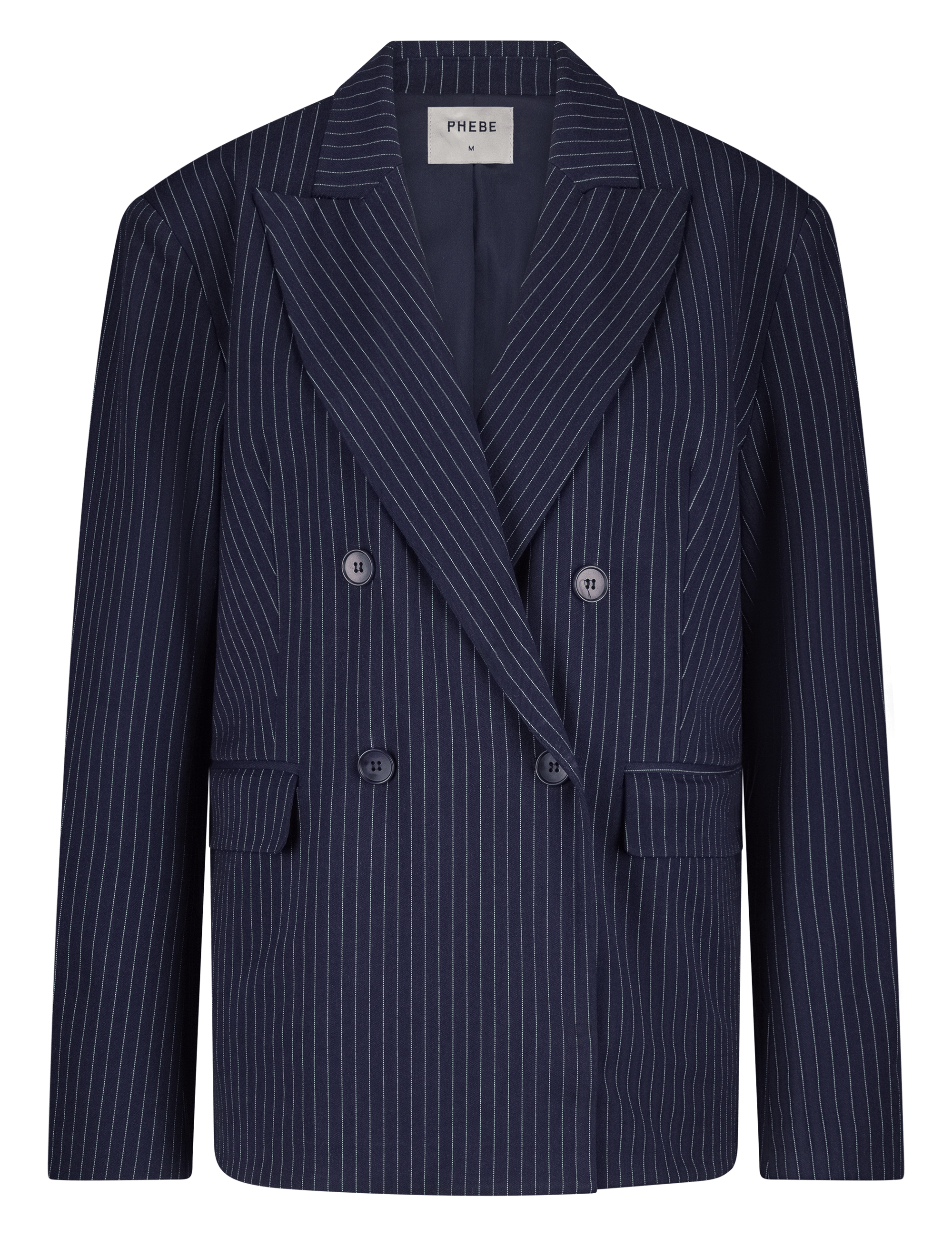 Navy double-breasted pinstripe blazer with 4 buttons and shoulder pads - Front view