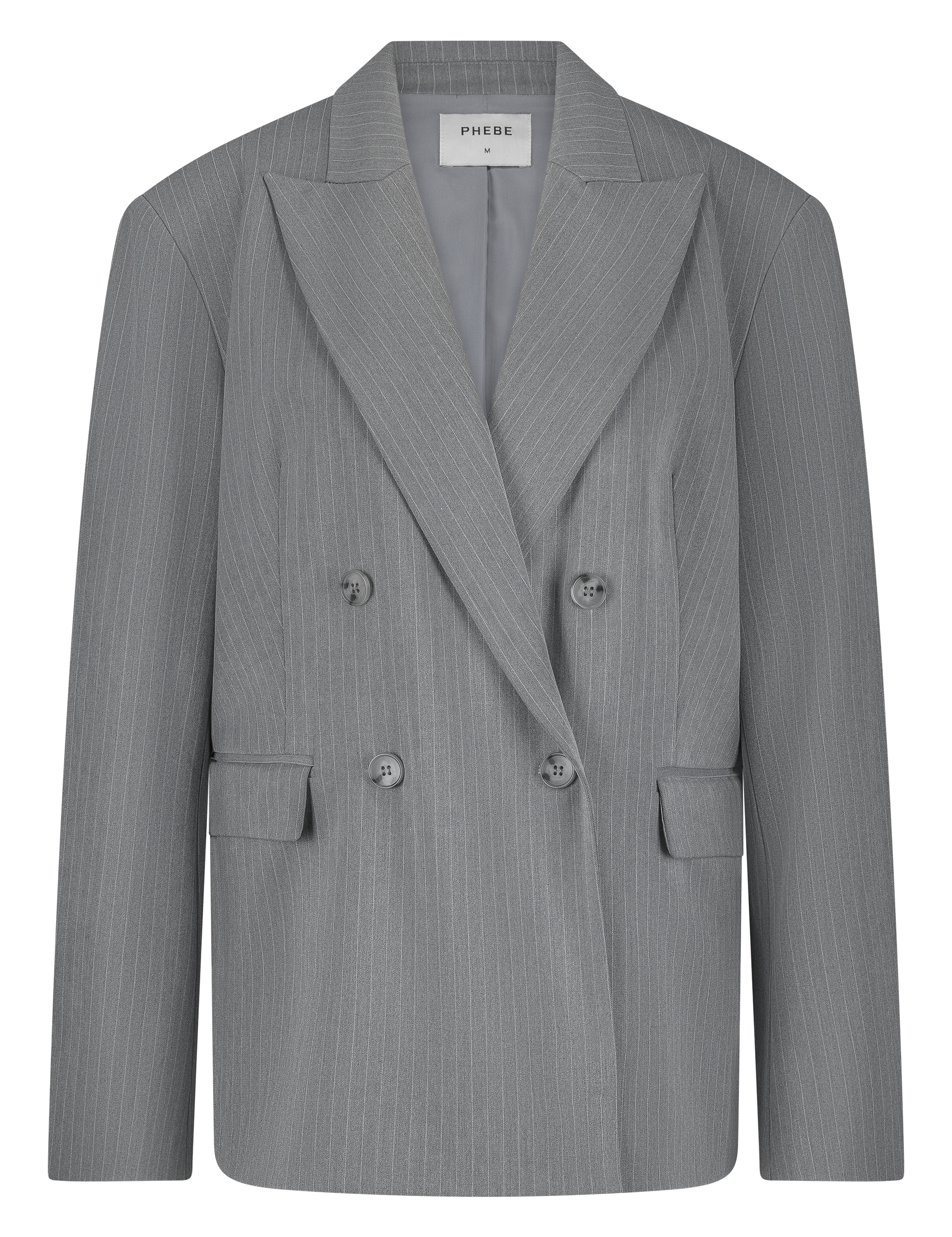 Grey double-breasted pinstripe blazer with 4 buttons and shoulder pads - work outfit, corporate outfit - front view