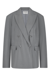 Grey double-breasted pinstripe blazer with 4 buttons and shoulder pads - work outfit, corporate outfit - front view