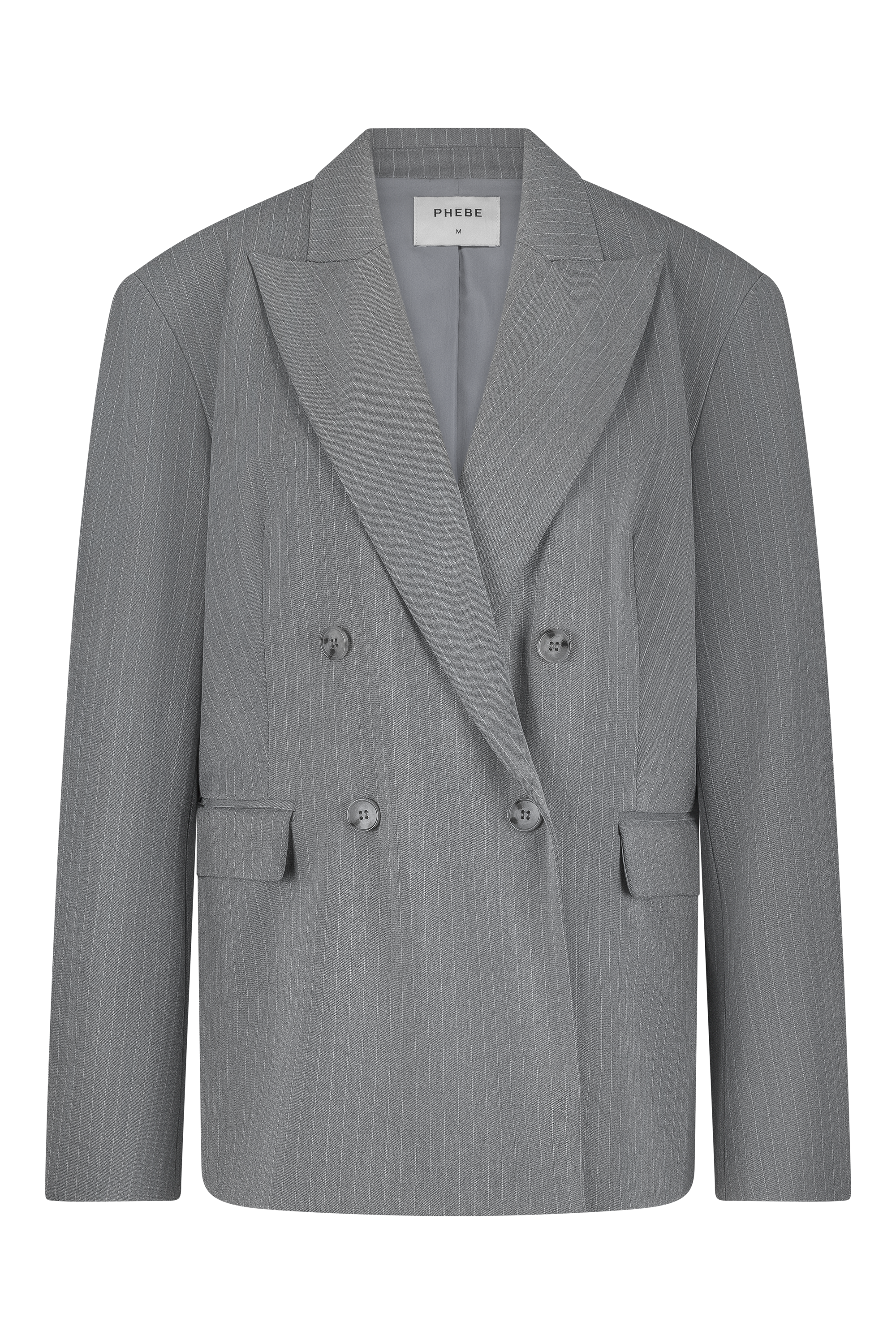 Grey double-breasted pinstripe blazer with 4 buttons and shoulder pads - work outfit, corporate outfit - front view