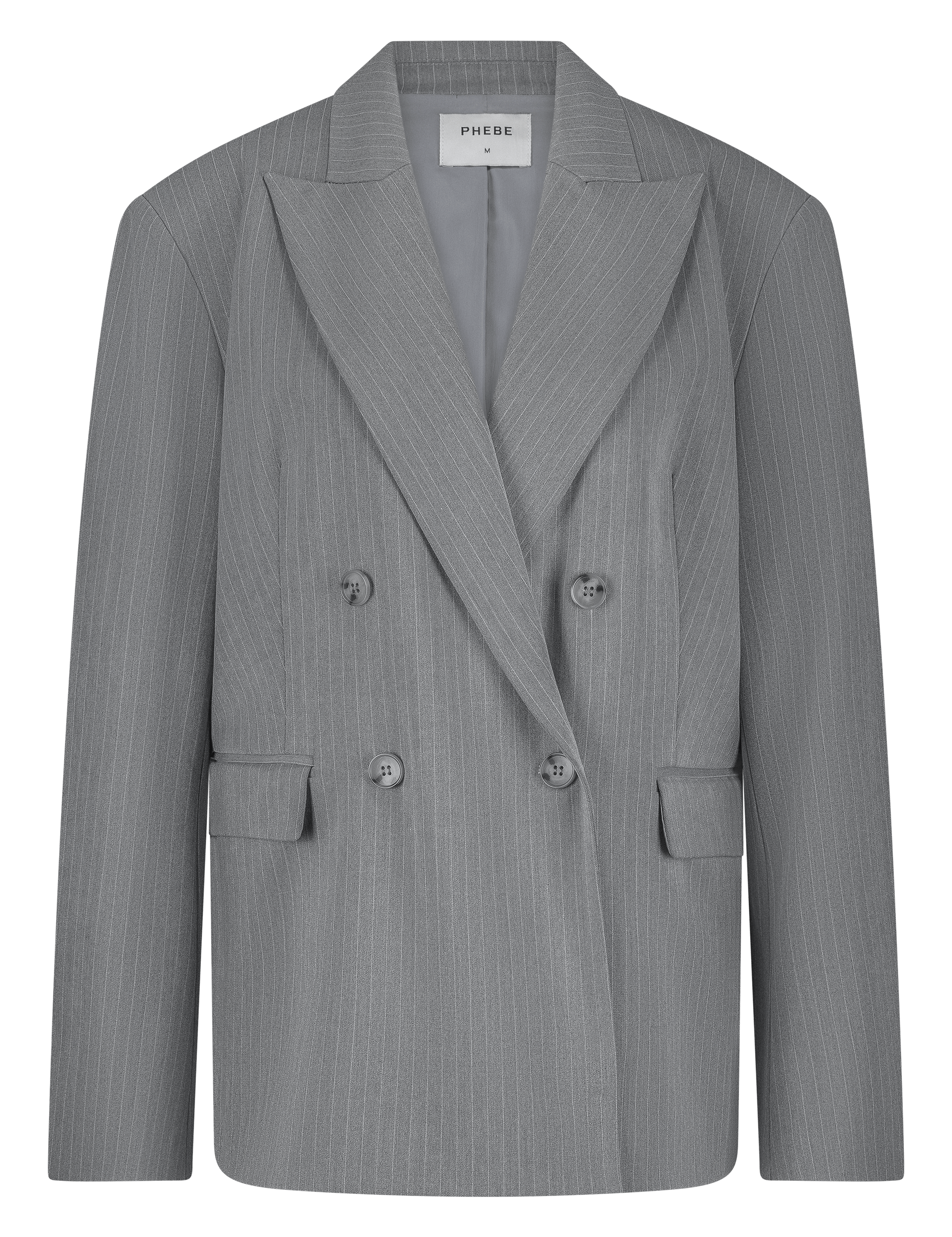 Grey double-breasted pinstripe blazer with 4 buttons and shoulder pads - work outfit, corporate outfit - front view