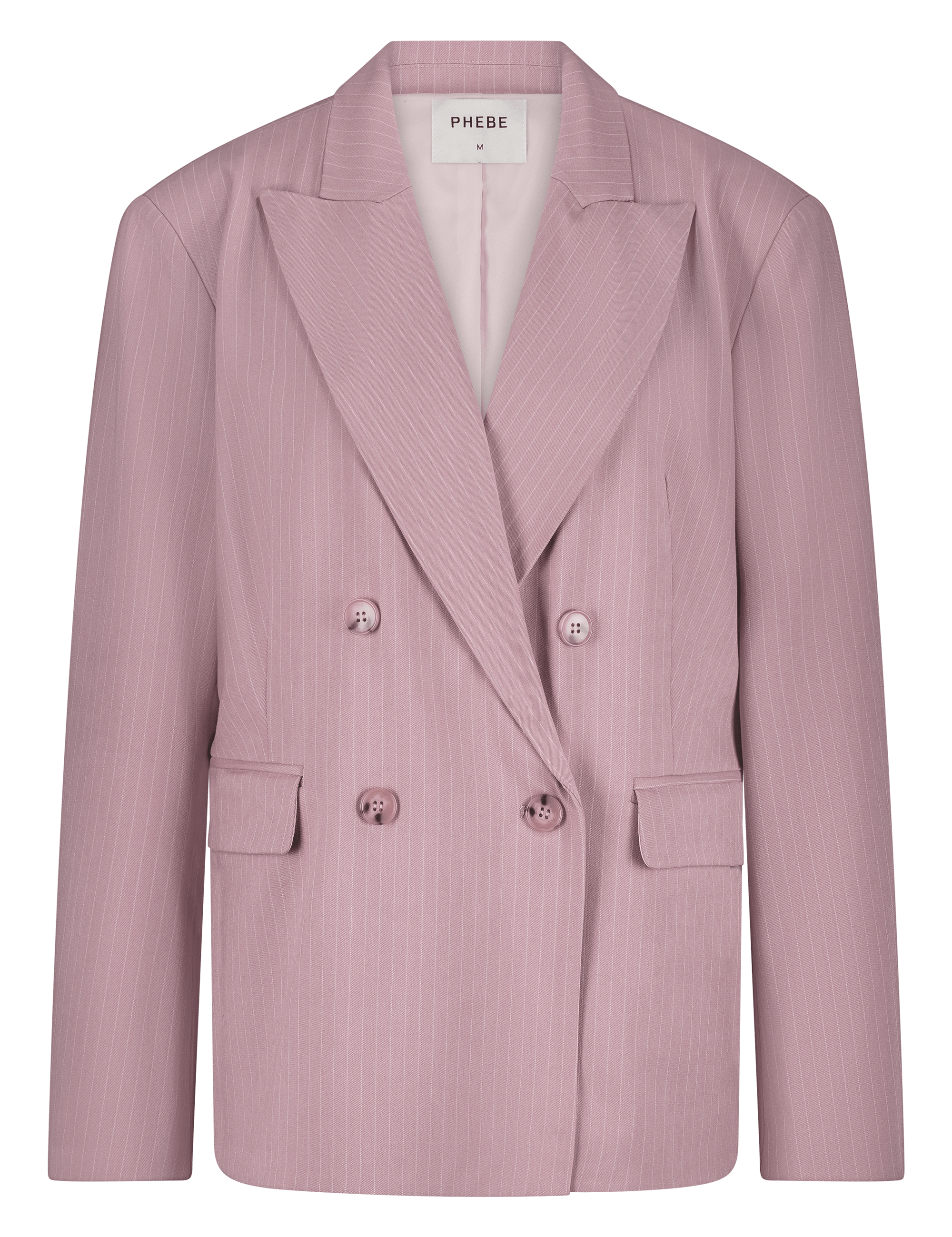 Pink double-breasted pinstripe blazer with 4 buttons and shoulder pads - work outfit, corporate outfit - front view