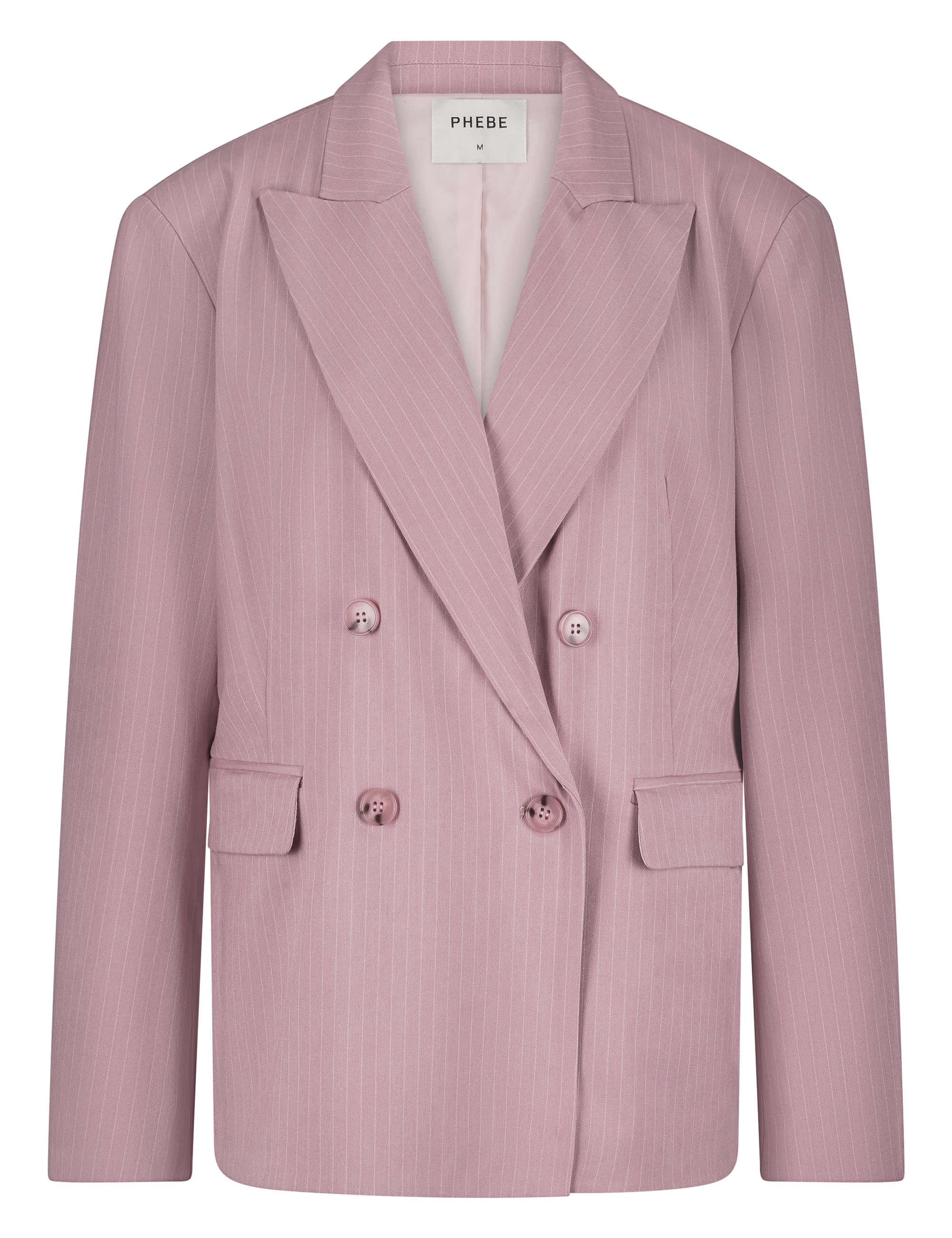 Pink double-breasted pinstripe blazer with 4 buttons and shoulder pads - work outfit, corporate outfit - front view
