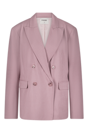 Pink double-breasted pinstripe blazer with 4 buttons and shoulder pads - work outfit, corporate outfit - front view
