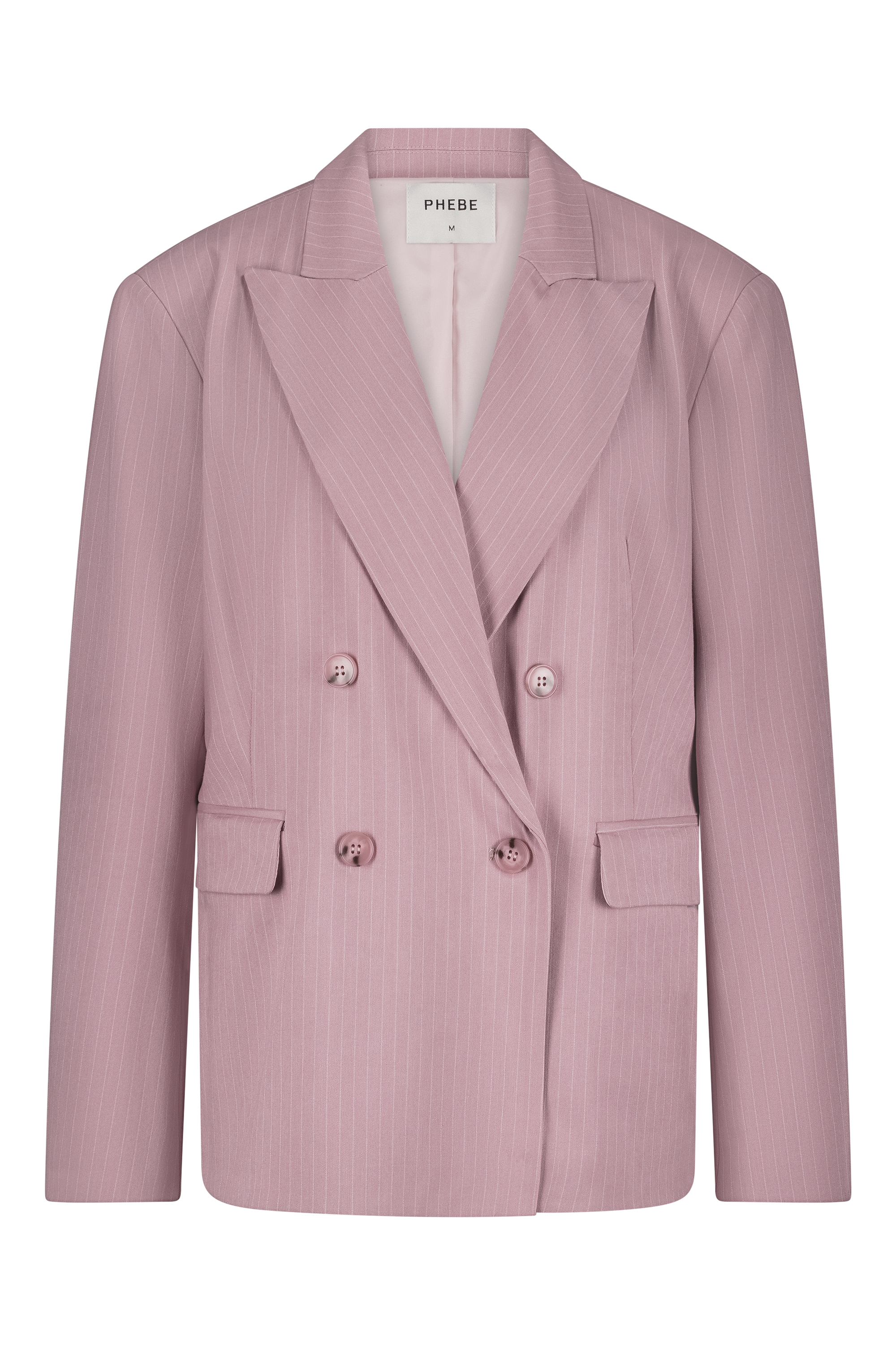 Pink double-breasted pinstripe blazer with 4 buttons and shoulder pads - work outfit, corporate outfit - front view