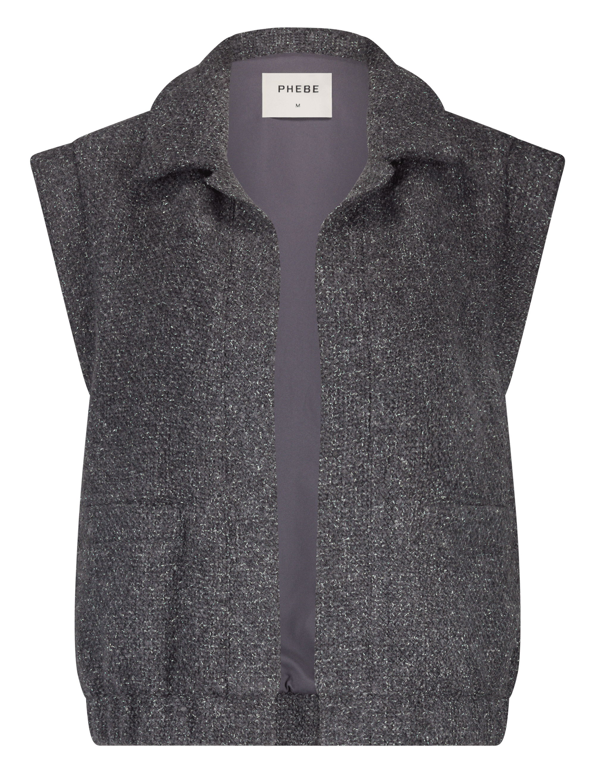 Grey sleeveless gilet women boucle with a collar, side pockets, no zipper. 